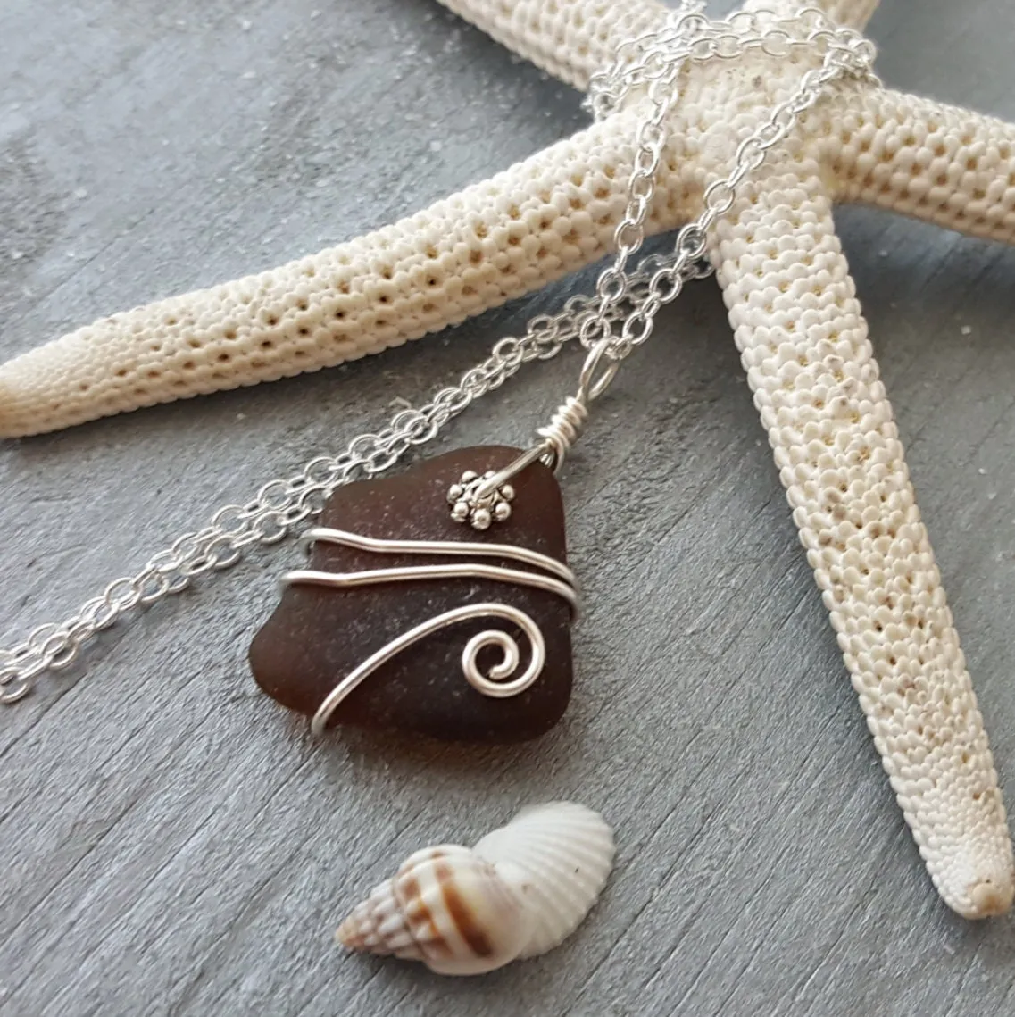 Handmade in Hawaii, Genuine surf tumbled natural dark smoky sea  glass.Beach glass necklace. wire wrapped sea glass necklace jewelry.