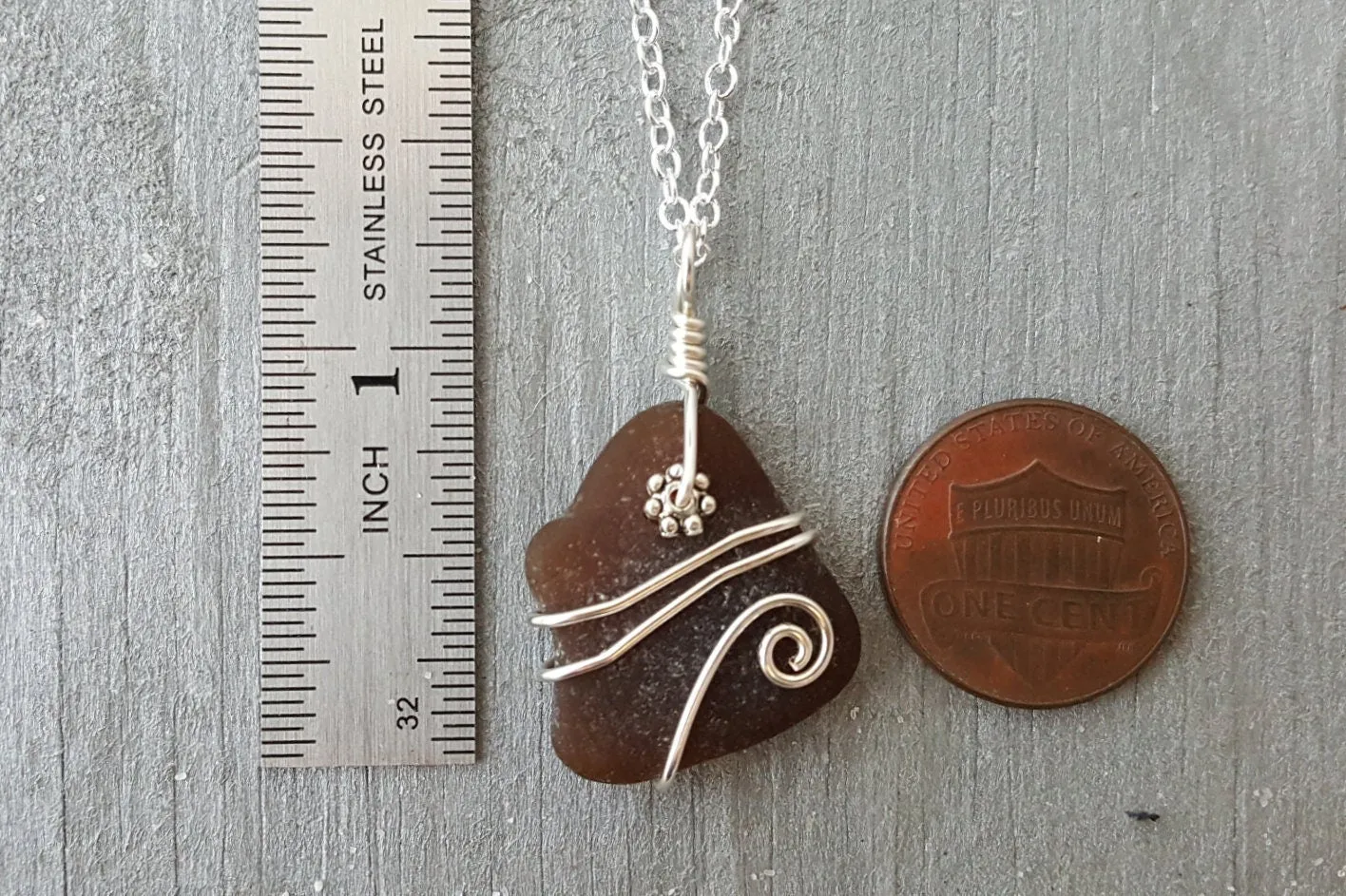 Handmade in Hawaii, Genuine surf tumbled natural dark smoky sea  glass.Beach glass necklace. wire wrapped sea glass necklace jewelry.