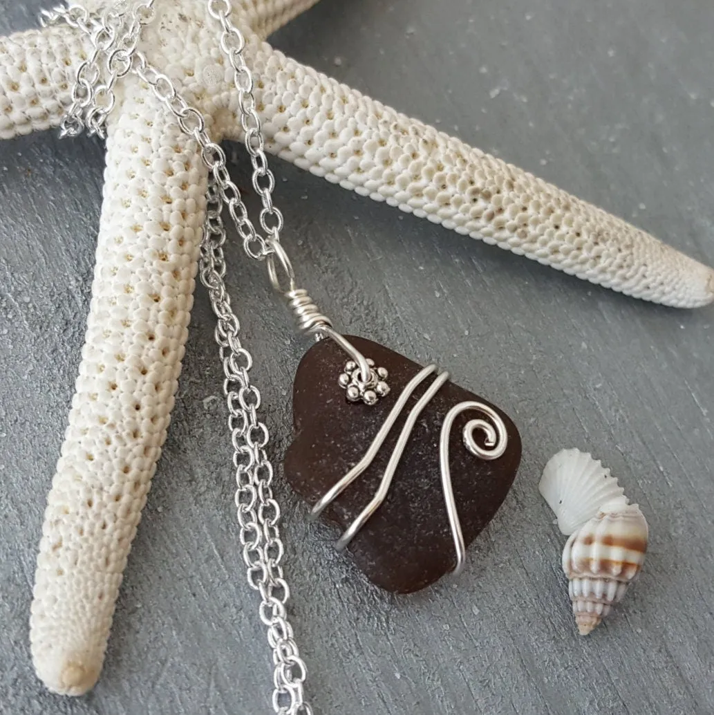 Handmade in Hawaii, Genuine surf tumbled natural dark smoky sea  glass.Beach glass necklace. wire wrapped sea glass necklace jewelry.