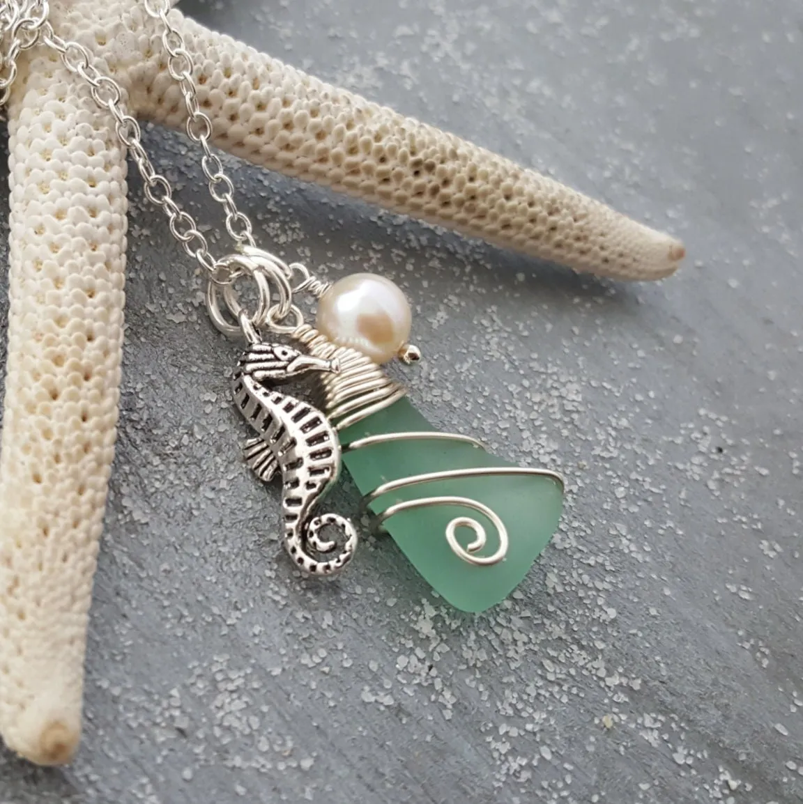 Handmade in Hawaii, Wire wrapped Genuine surf tumbled natural sea glass , Sea horse charm, Fresh water pearl, Sea glass jewelry