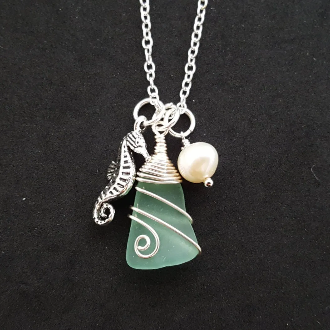 Handmade in Hawaii, Wire wrapped Genuine surf tumbled natural sea glass , Sea horse charm, Fresh water pearl, Sea glass jewelry