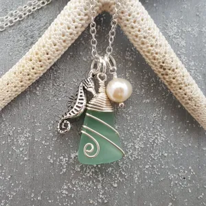 Handmade in Hawaii, Wire wrapped Genuine surf tumbled natural sea glass , Sea horse charm, Fresh water pearl, Sea glass jewelry