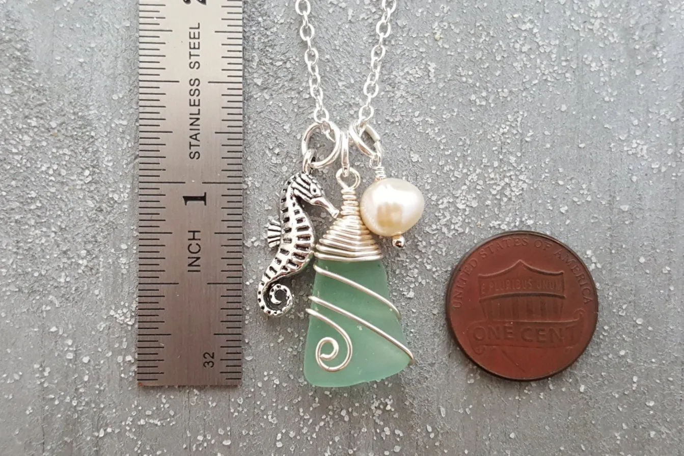 Handmade in Hawaii, Wire wrapped Genuine surf tumbled natural sea glass , Sea horse charm, Fresh water pearl, Sea glass jewelry