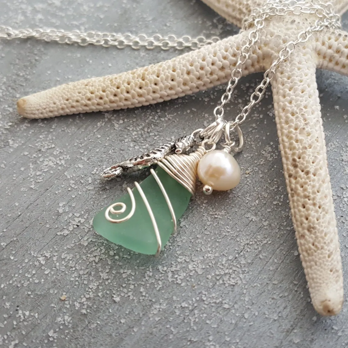 Handmade in Hawaii, Wire wrapped Genuine surf tumbled natural sea glass , Sea horse charm, Fresh water pearl, Sea glass jewelry