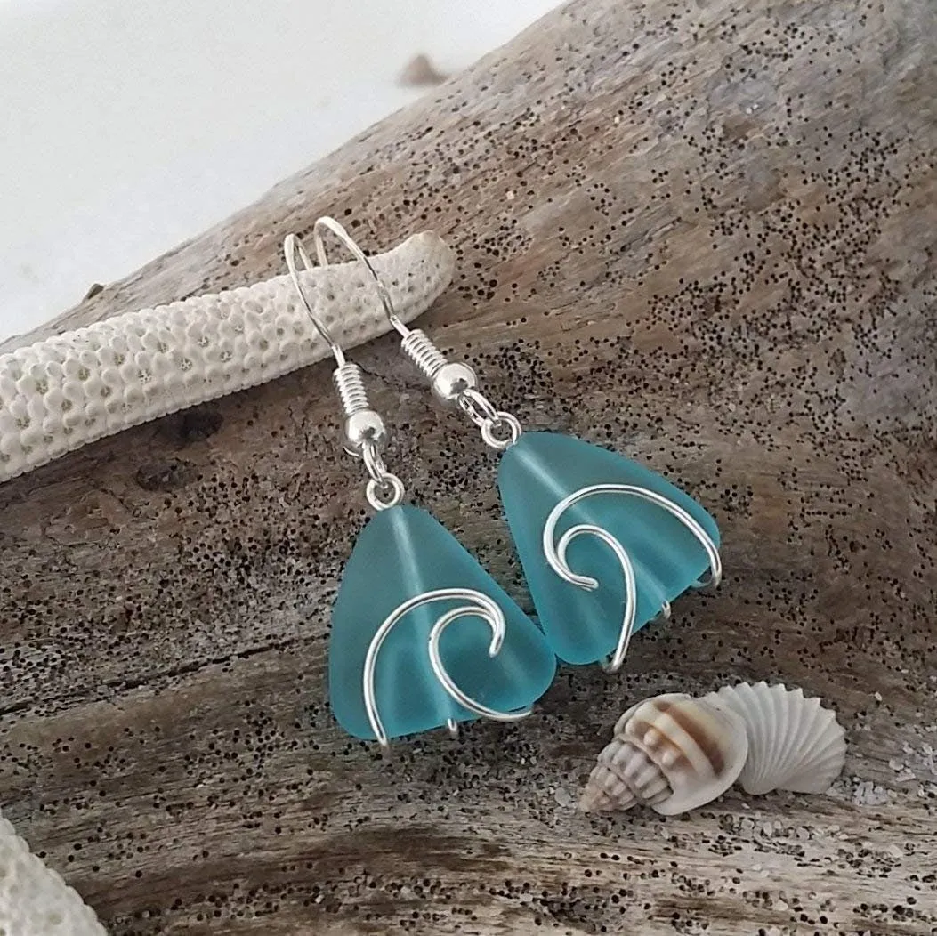 Handmade in Hawaii, Wire Wrapped Wave blue sea glass earrings, Beach jewelry, Hawaii gift