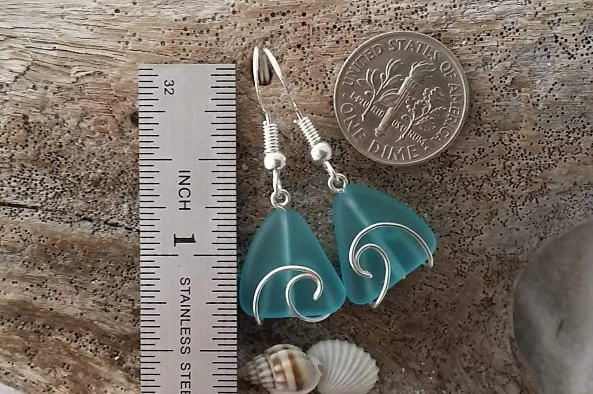 Handmade in Hawaii, Wire Wrapped Wave blue sea glass earrings, Beach jewelry, Hawaii gift