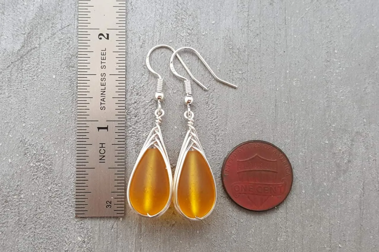 Hawaiian Jewelry Sea Glass Earrings, Braided Yellow Earrings Teardrop Earrings, Seaglass Jewelry Birthday Gift (November Birthstone Jewelry)