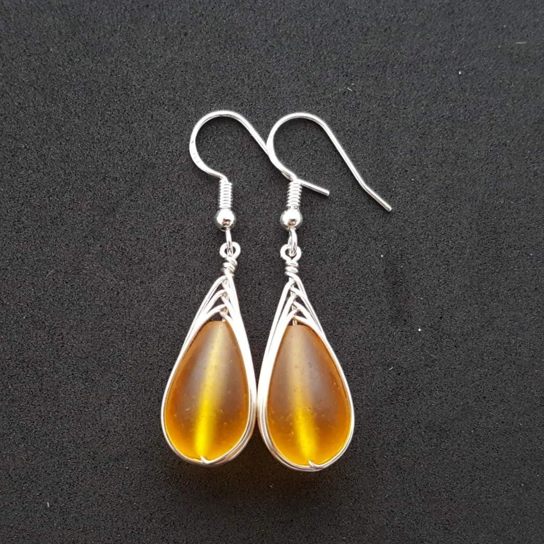 Hawaiian Jewelry Sea Glass Earrings, Braided Yellow Earrings Teardrop Earrings, Seaglass Jewelry Birthday Gift (November Birthstone Jewelry)