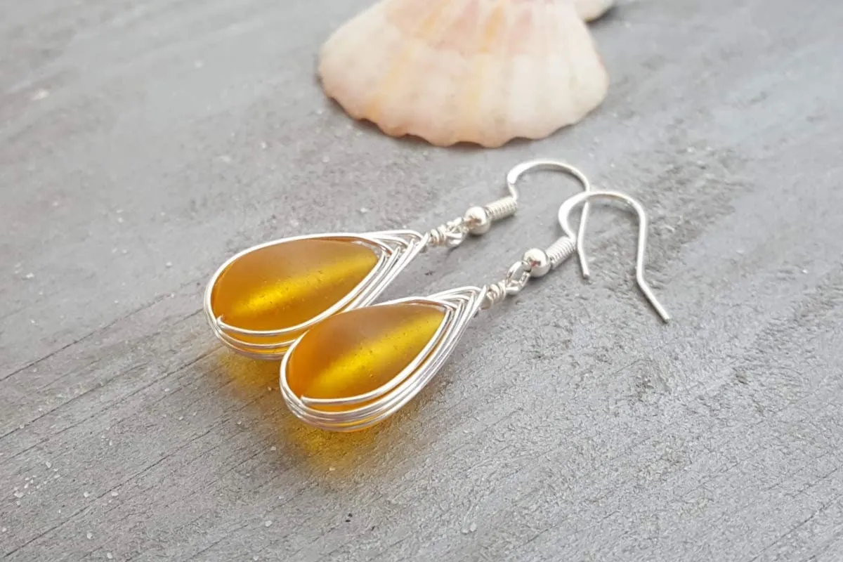 Hawaiian Jewelry Sea Glass Earrings, Braided Yellow Earrings Teardrop Earrings, Seaglass Jewelry Birthday Gift (November Birthstone Jewelry)