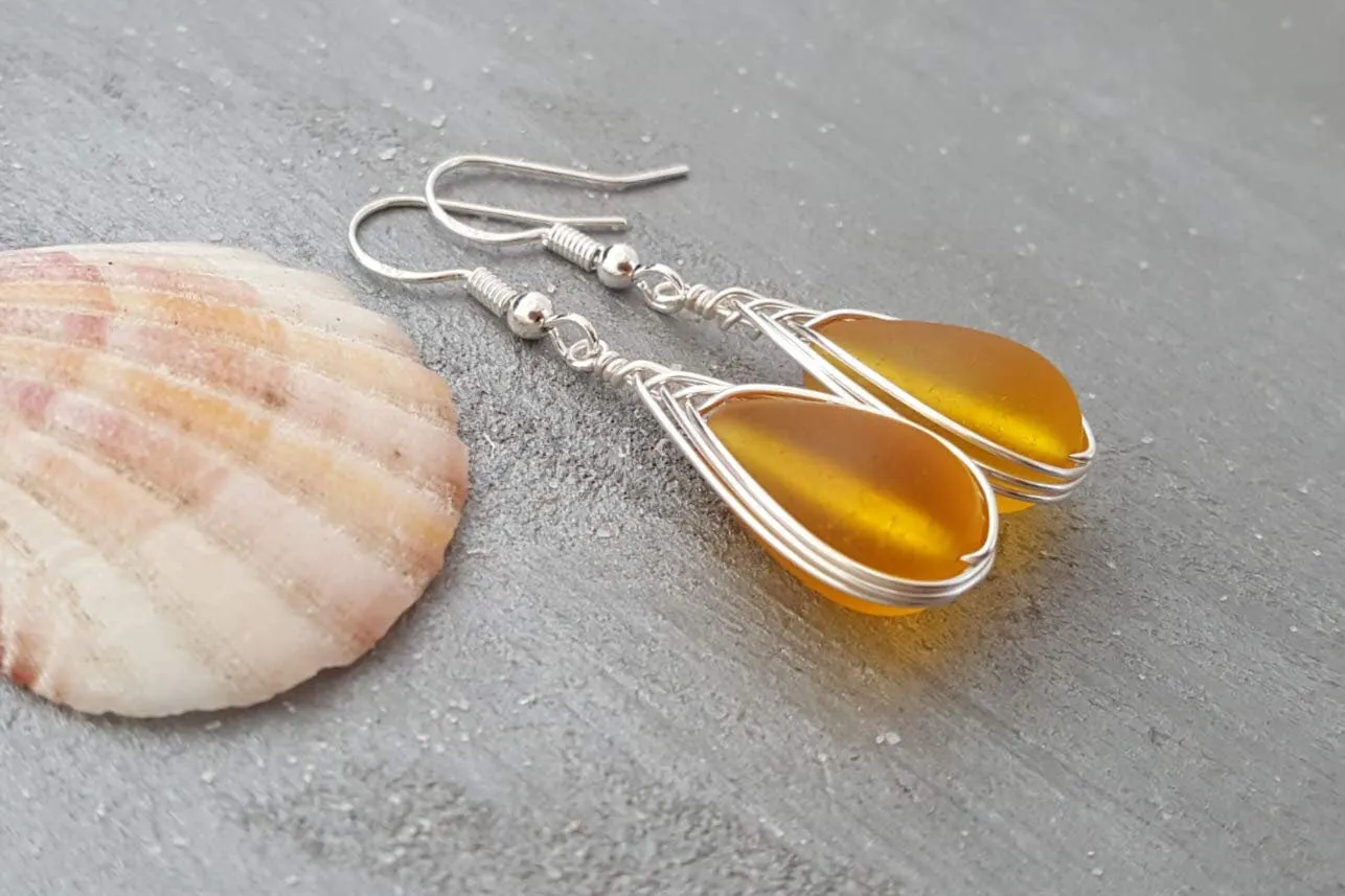 Hawaiian Jewelry Sea Glass Earrings, Braided Yellow Earrings Teardrop Earrings, Seaglass Jewelry Birthday Gift (November Birthstone Jewelry)