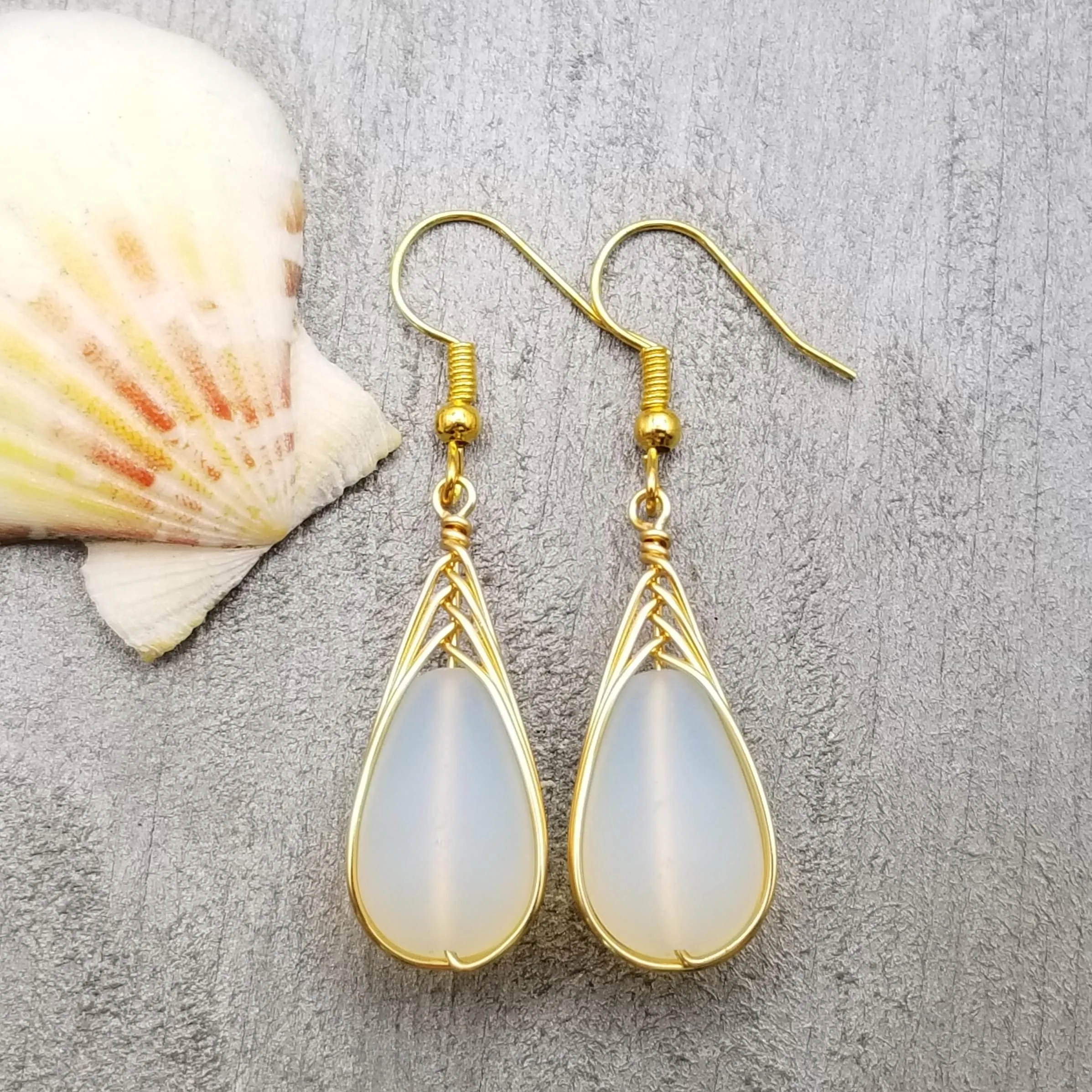 Hawaiian Jewelry Sea Glass Earrings, Gold Braided Moonstone Earrings, Beach Jewelry For Women (June Birthstone Jewelry)