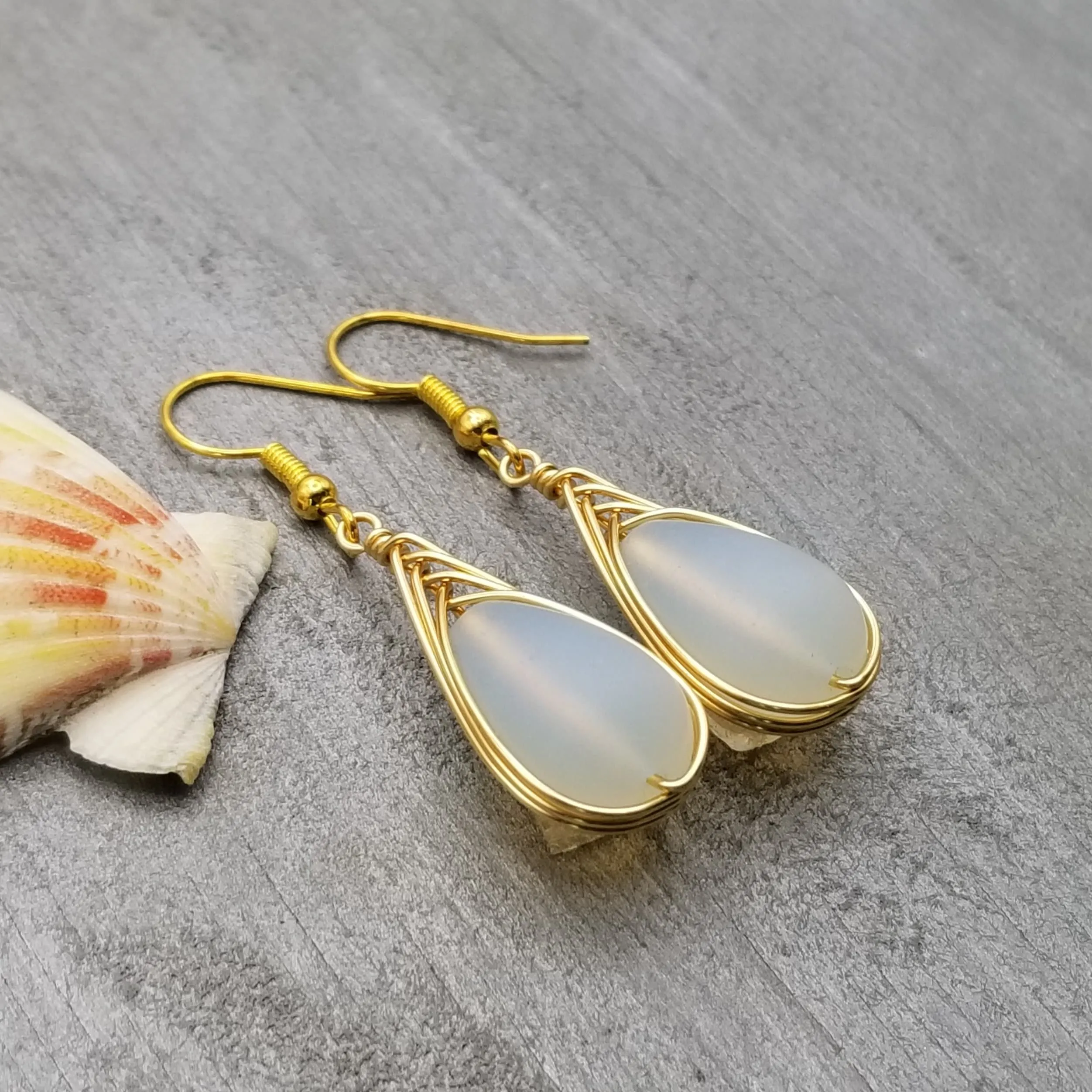 Hawaiian Jewelry Sea Glass Earrings, Gold Braided Moonstone Earrings, Beach Jewelry For Women (June Birthstone Jewelry)