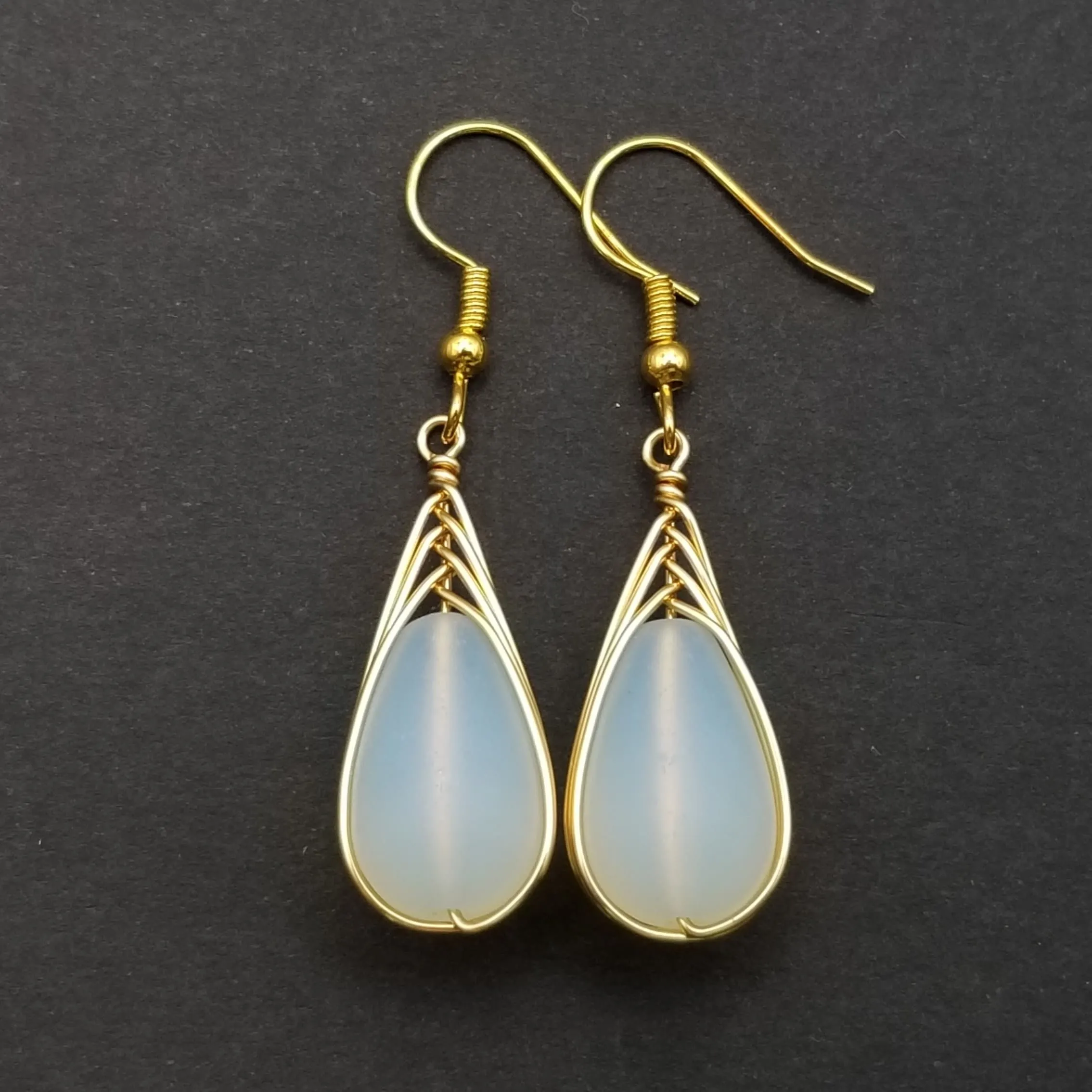 Hawaiian Jewelry Sea Glass Earrings, Gold Braided Moonstone Earrings, Beach Jewelry For Women (June Birthstone Jewelry)