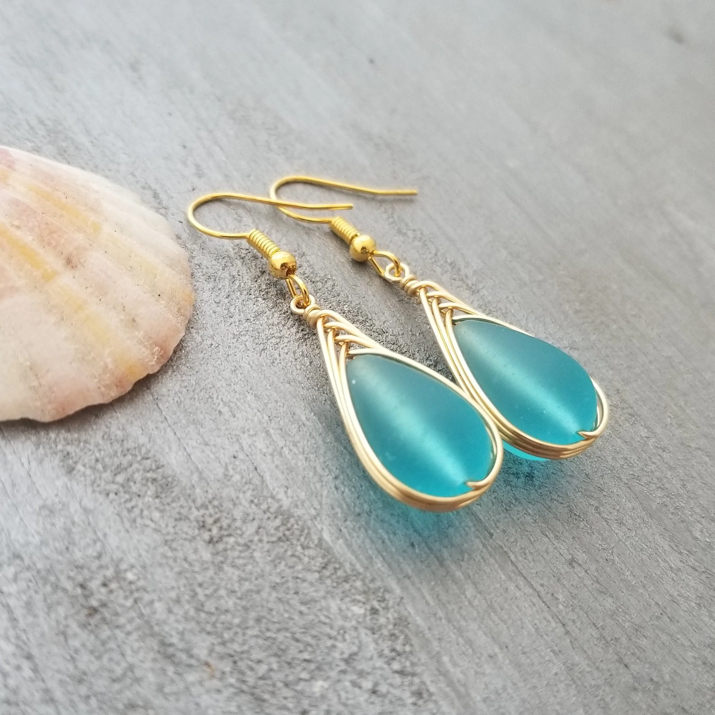 Hawaiian Jewelry Sea Glass Earrings, Gold Braided Turquoise Earrings Blue Earrings, Beach Jewelry For Women (December Birthstone Jewelry)