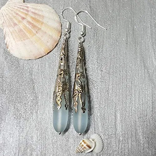 Hawaiian Jewelry Sea Glass Earrings, Long Teardrop Earrings Purple Earrings, Beach Jewelry Unique Birthday Gift(February Birthstone Jewelry)