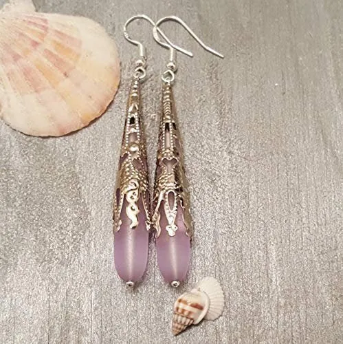 Hawaiian Jewelry Sea Glass Earrings, Long Teardrop Earrings Purple Earrings, Beach Jewelry Unique Birthday Gift(February Birthstone Jewelry)