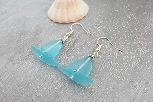 Hawaiian Jewelry Sea Glass Earrings, Sailboat Turquoise Earrings Blue Earrings, Beach Jewelry Birthday Gift (December Birthstone Jewelry)