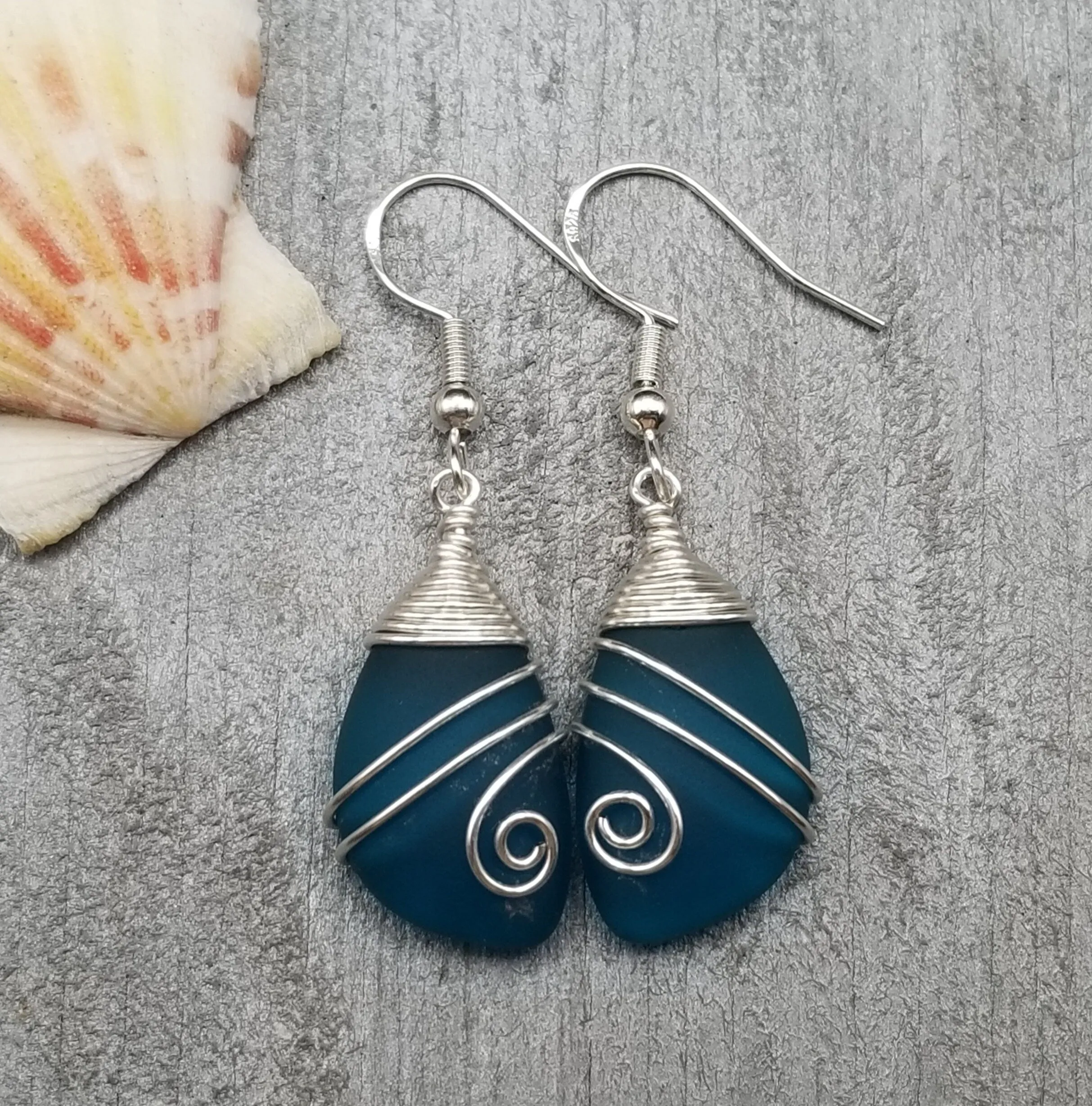 Hawaiian Jewelry Sea Glass Earrings, Top Wire Teal Earrings Blue Earrings, Beach Jewelry