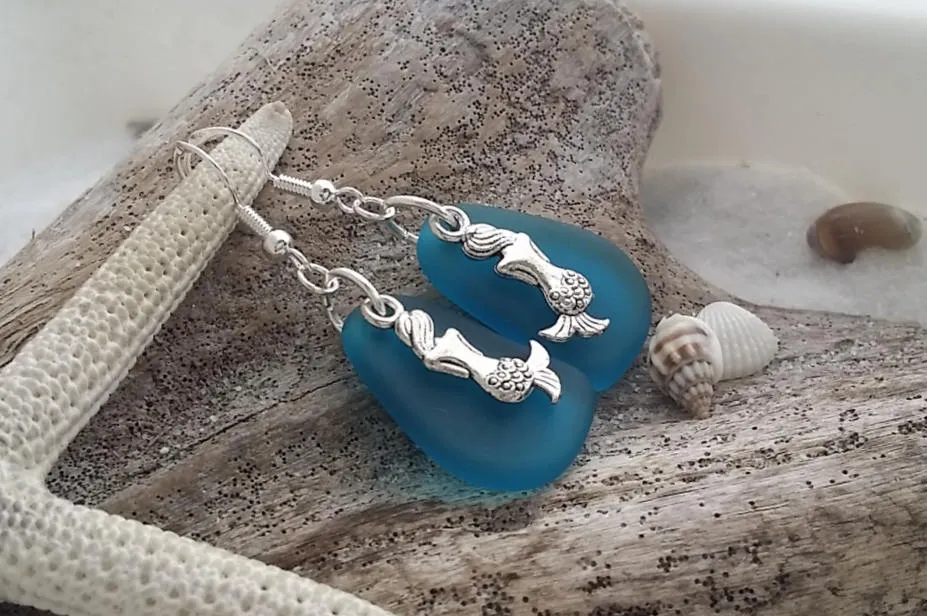 Hawaiian Jewelry Sea Glass Earrings, Twin Mermaid Earrings Teal Earrings, Beach Jewelry For Women, Unique Earrings Ocean Sea Glass Jewelry