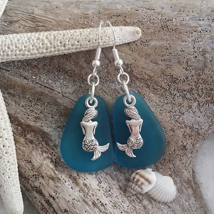 Hawaiian Jewelry Sea Glass Earrings, Twin Mermaid Earrings Teal Earrings, Beach Jewelry For Women, Unique Earrings Ocean Sea Glass Jewelry