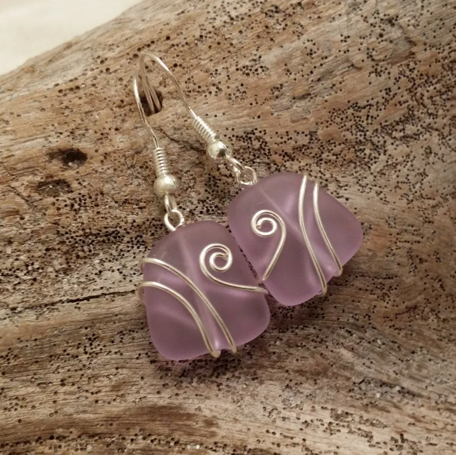 Hawaiian Jewelry Sea Glass Earrings, Wire Purple Earrings, Sea Glass Jewelry Beach Jewelry Fun Birthday Gift (February Birthstone Jewelry)