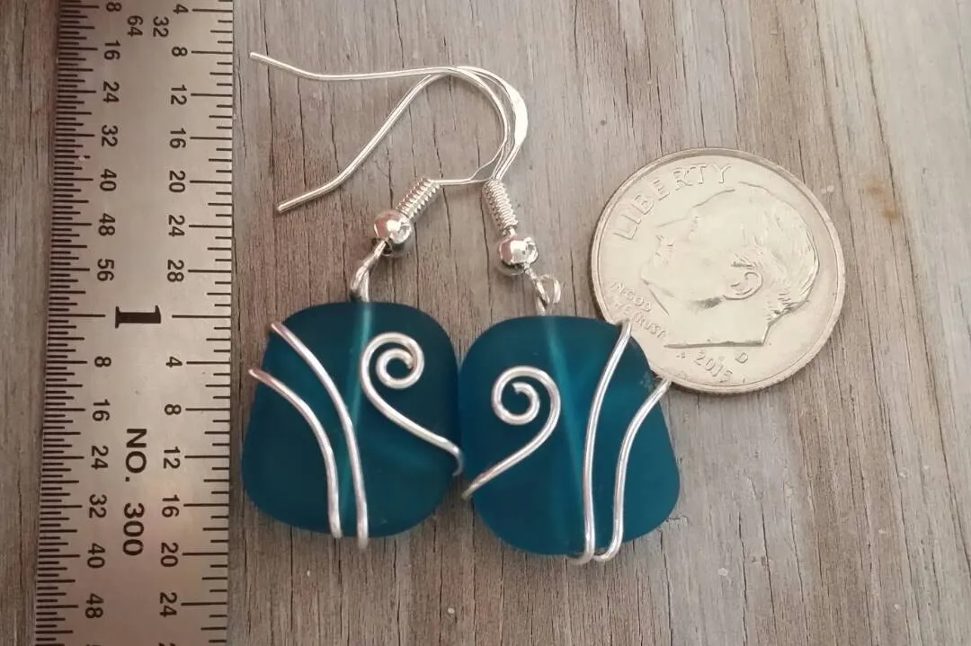 Hawaiian Jewelry Sea Glass Earrings, Wire Wrapped Teal Earrings, Beach Jewelry For Women, Unique Earrings Ocean Sea Glass Jewelry