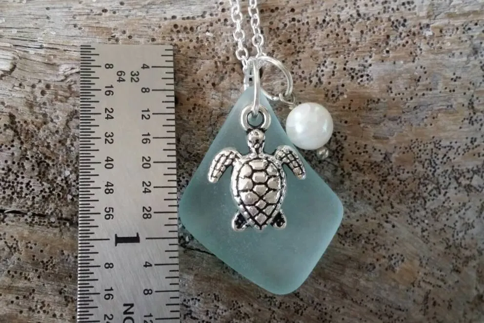 Hawaiian Jewelry Sea Glass Necklace, Seafoam Necklace, Pearl Turtle Necklace, Beach Jewelry Handmade Necklace Sea Glass Jewelry For Women