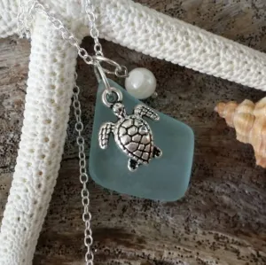 Hawaiian Jewelry Sea Glass Necklace, Seafoam Necklace, Pearl Turtle Necklace, Beach Jewelry Handmade Necklace Sea Glass Jewelry For Women