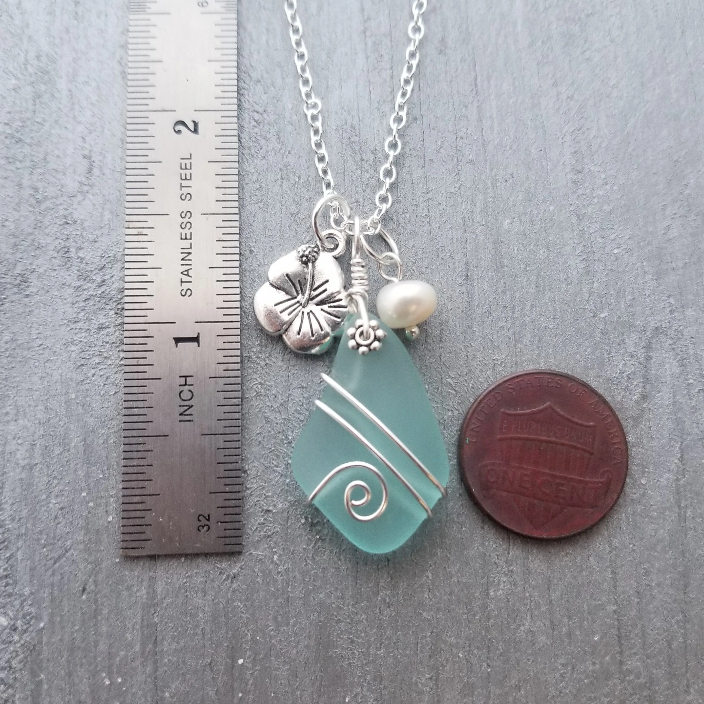 Hawaiian Jewelry Sea Glass Necklace, Wire Aquamarine Necklace Hibiscus Pearl Necklace, Beach Sea Glass Jewelry (March Birthstone Jewelry)