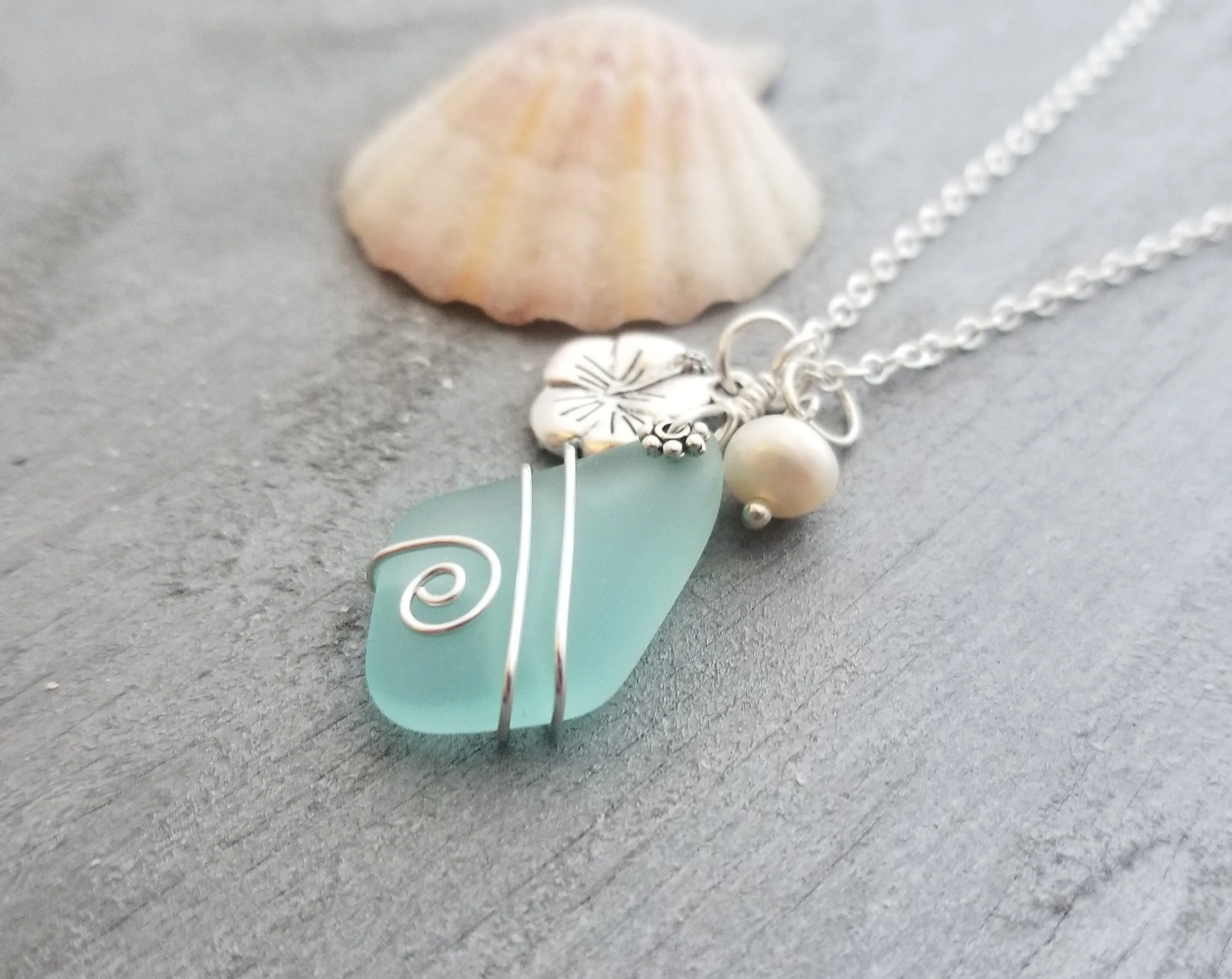 Hawaiian Jewelry Sea Glass Necklace, Wire Aquamarine Necklace Hibiscus Pearl Necklace, Beach Sea Glass Jewelry (March Birthstone Jewelry)
