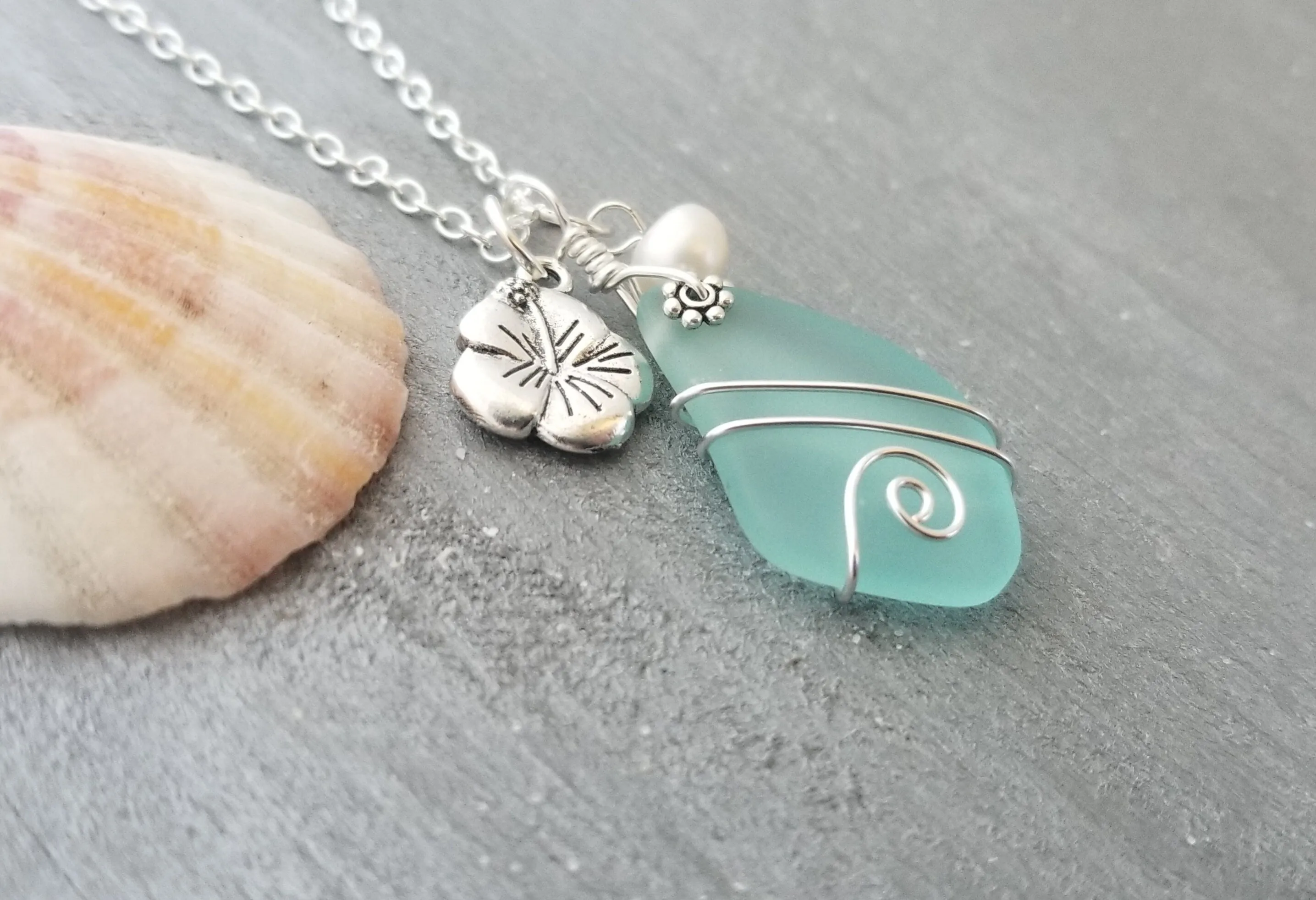 Hawaiian Jewelry Sea Glass Necklace, Wire Aquamarine Necklace Hibiscus Pearl Necklace, Beach Sea Glass Jewelry (March Birthstone Jewelry)