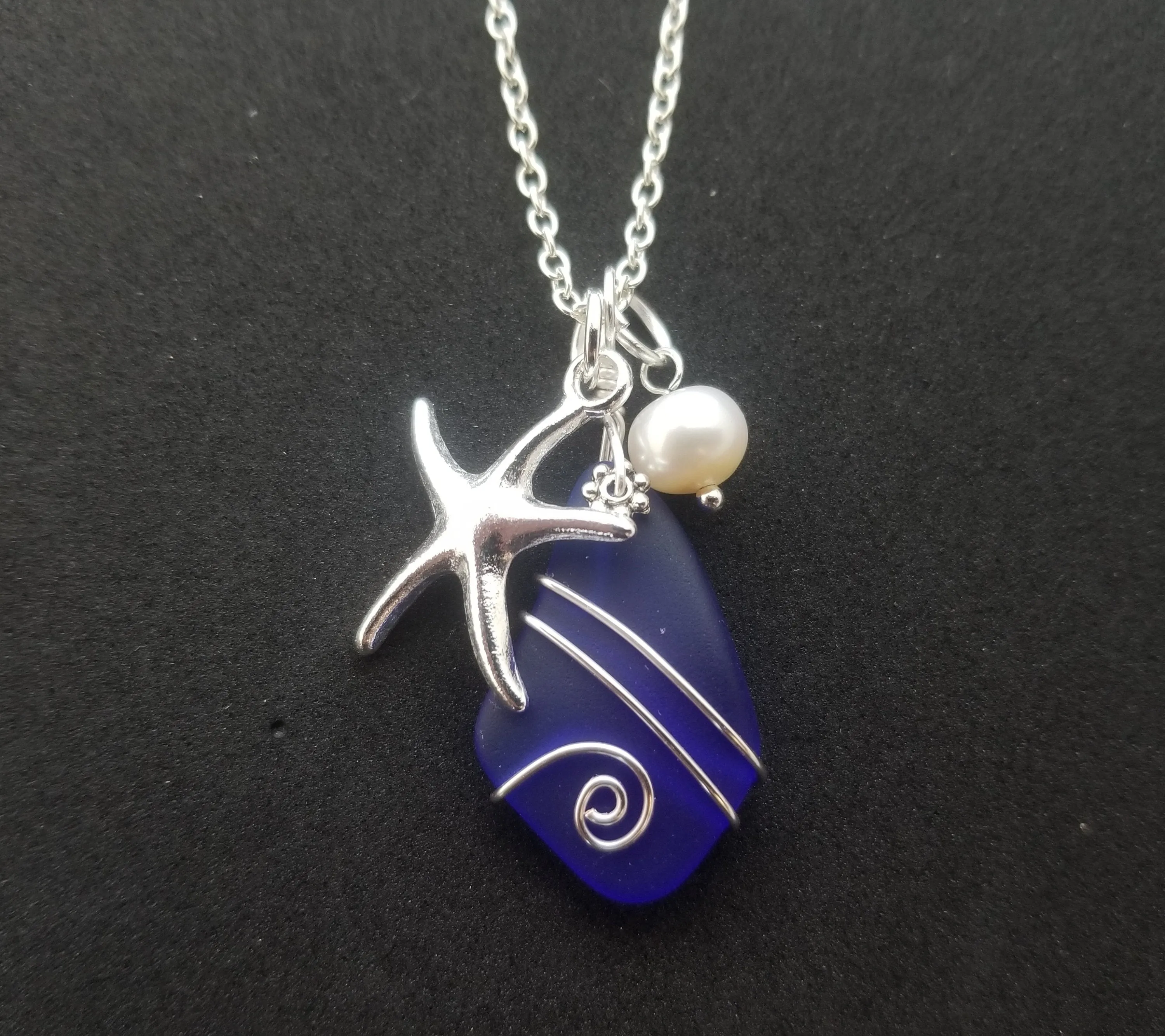 Hawaiian Jewelry Sea Glass Necklace, Wire Cobalt Blue Necklace Starfish Necklace Pearl Necklace, Sea Glass Jewelry (September Birthstone)