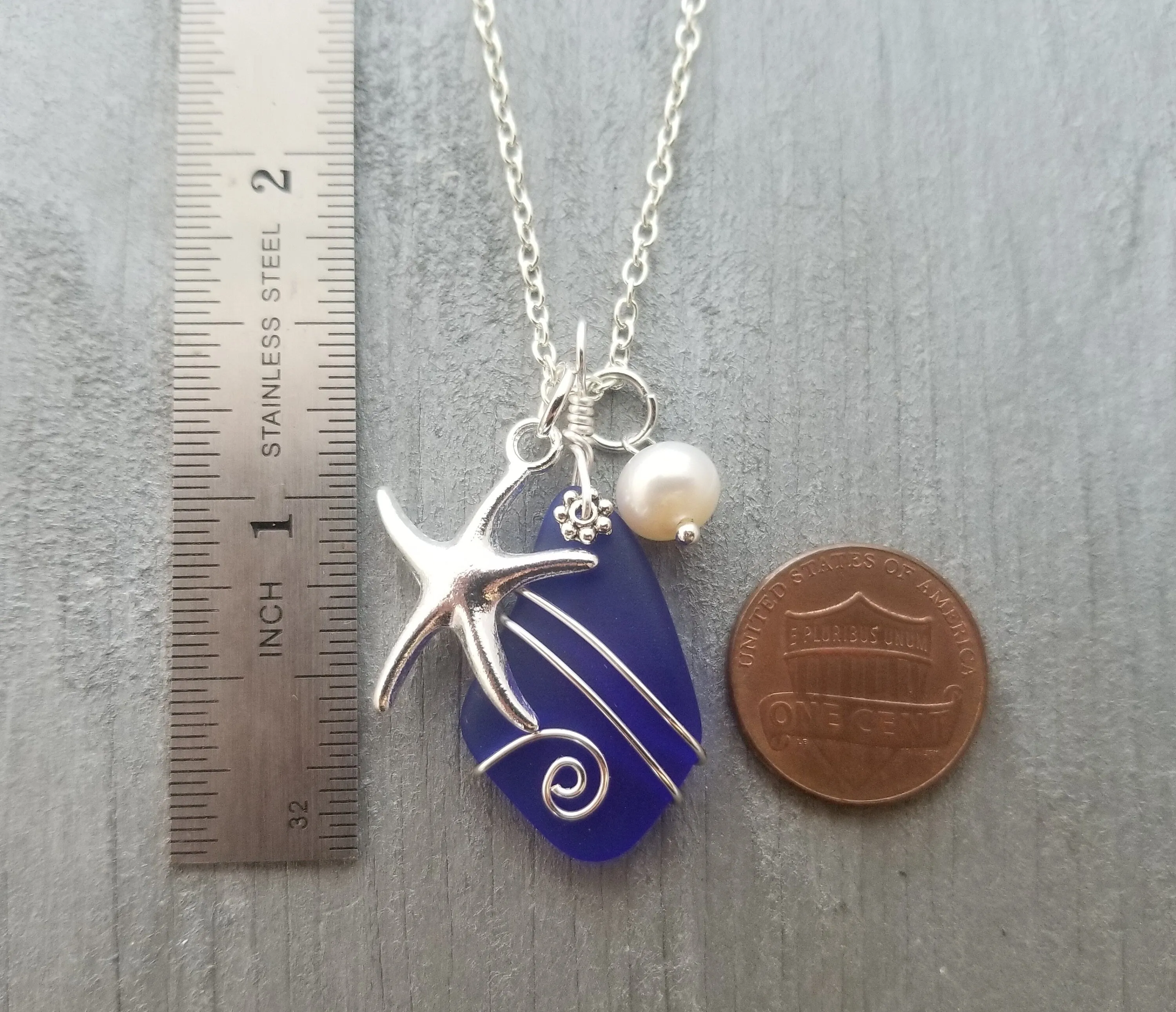 Hawaiian Jewelry Sea Glass Necklace, Wire Cobalt Blue Necklace Starfish Necklace Pearl Necklace, Sea Glass Jewelry (September Birthstone)