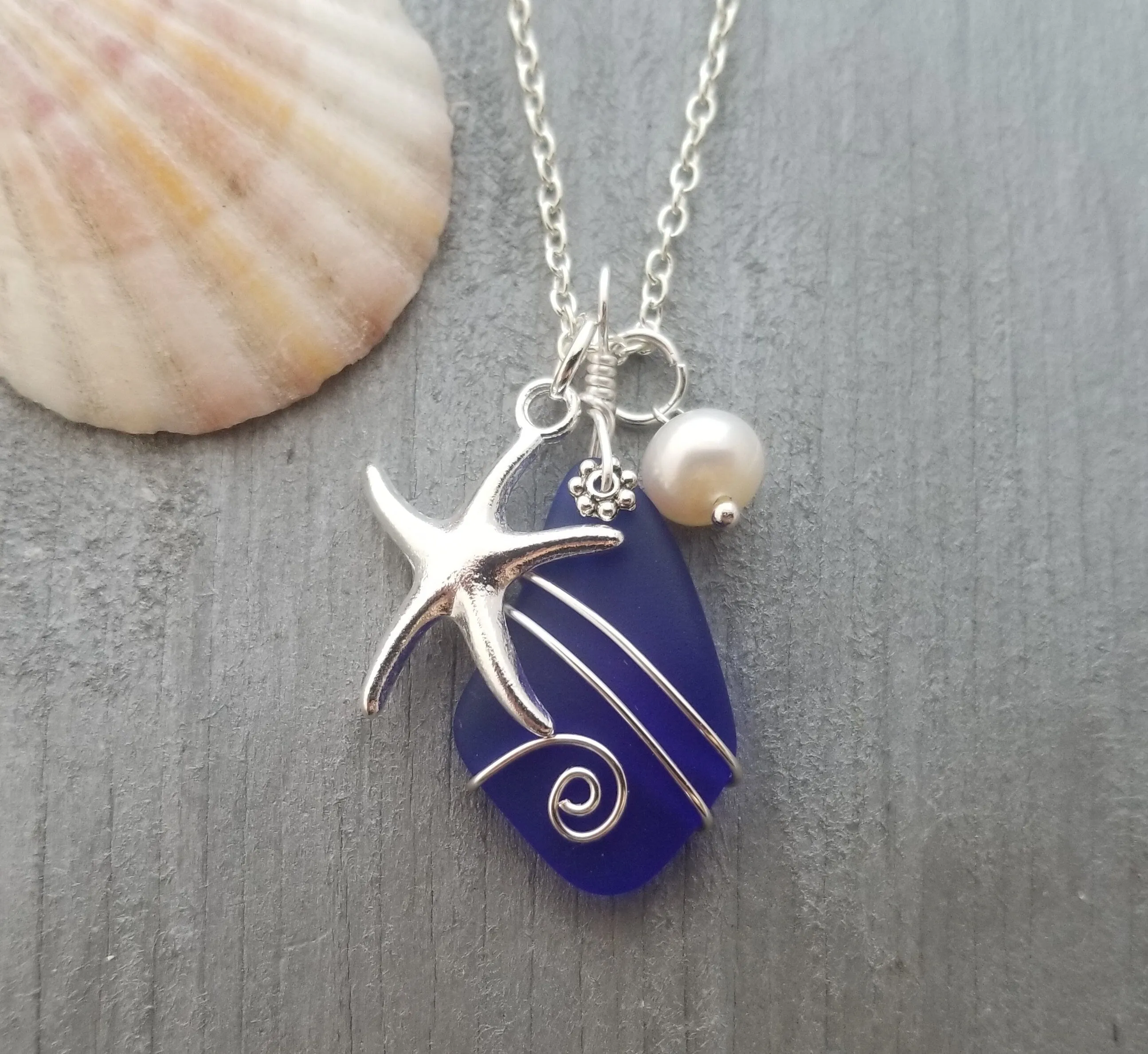 Hawaiian Jewelry Sea Glass Necklace, Wire Cobalt Blue Necklace Starfish Necklace Pearl Necklace, Sea Glass Jewelry (September Birthstone)