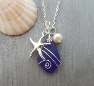 Hawaiian Jewelry Sea Glass Necklace, Wire Cobalt Blue Necklace Starfish Necklace Pearl Necklace, Sea Glass Jewelry (September Birthstone)