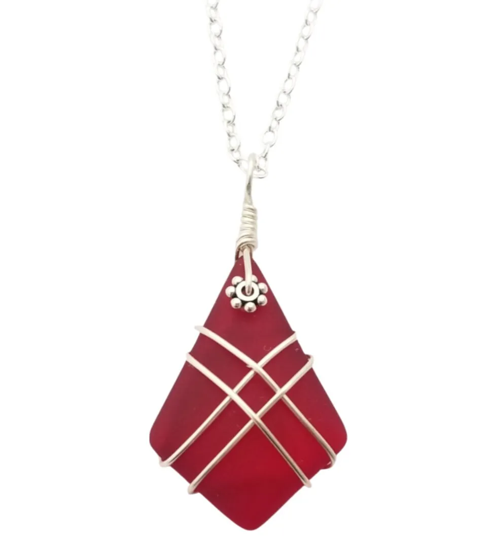 Hawaiian Jewelry Sea Glass Necklace, Wire Cross Necklace, Ruby Necklace Red Necklace, Beach Jewelry, Birthday Gift (July Birthstone Jewelry)