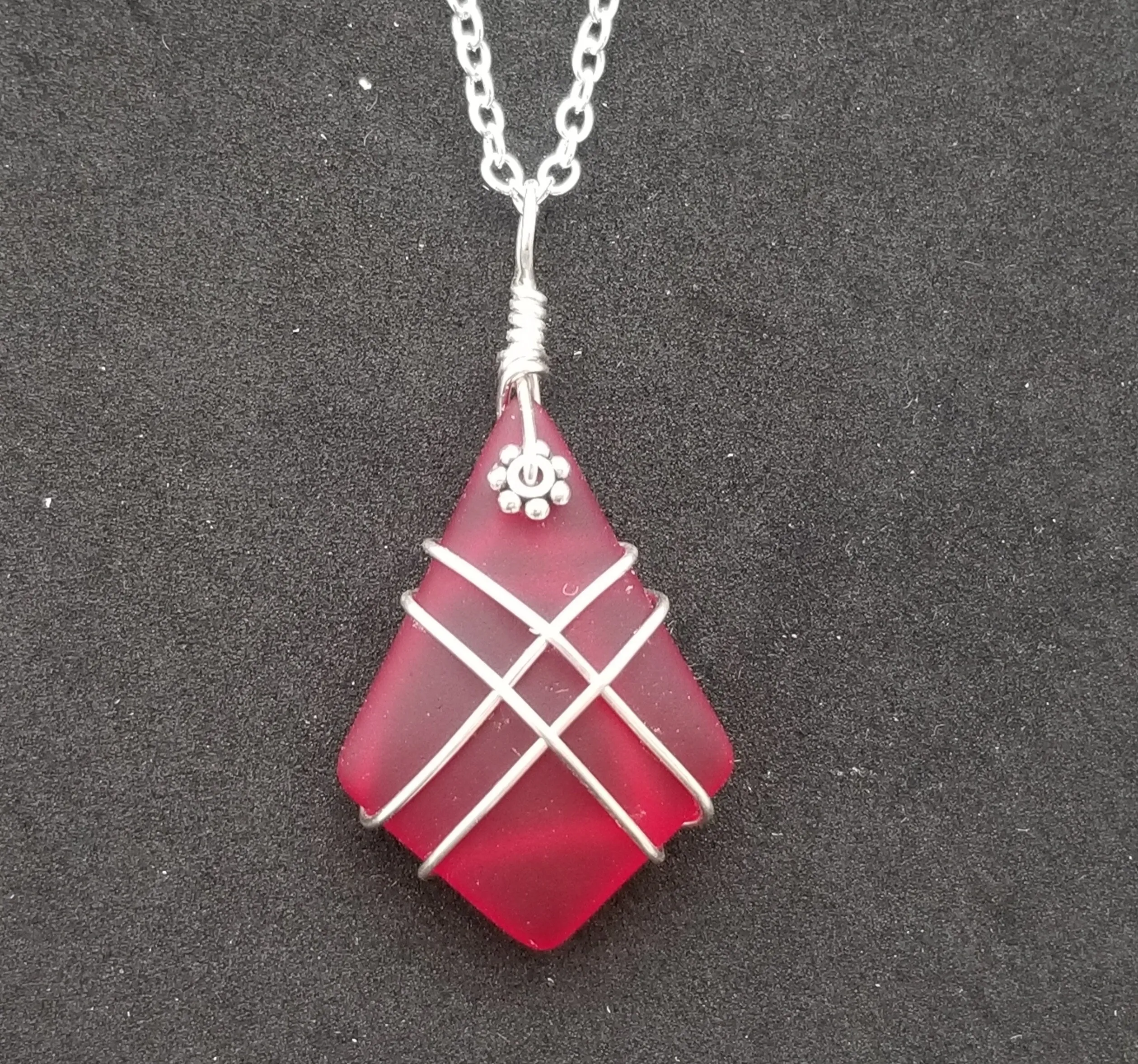 Hawaiian Jewelry Sea Glass Necklace, Wire Cross Necklace, Ruby Necklace Red Necklace, Beach Jewelry, Birthday Gift (July Birthstone Jewelry)