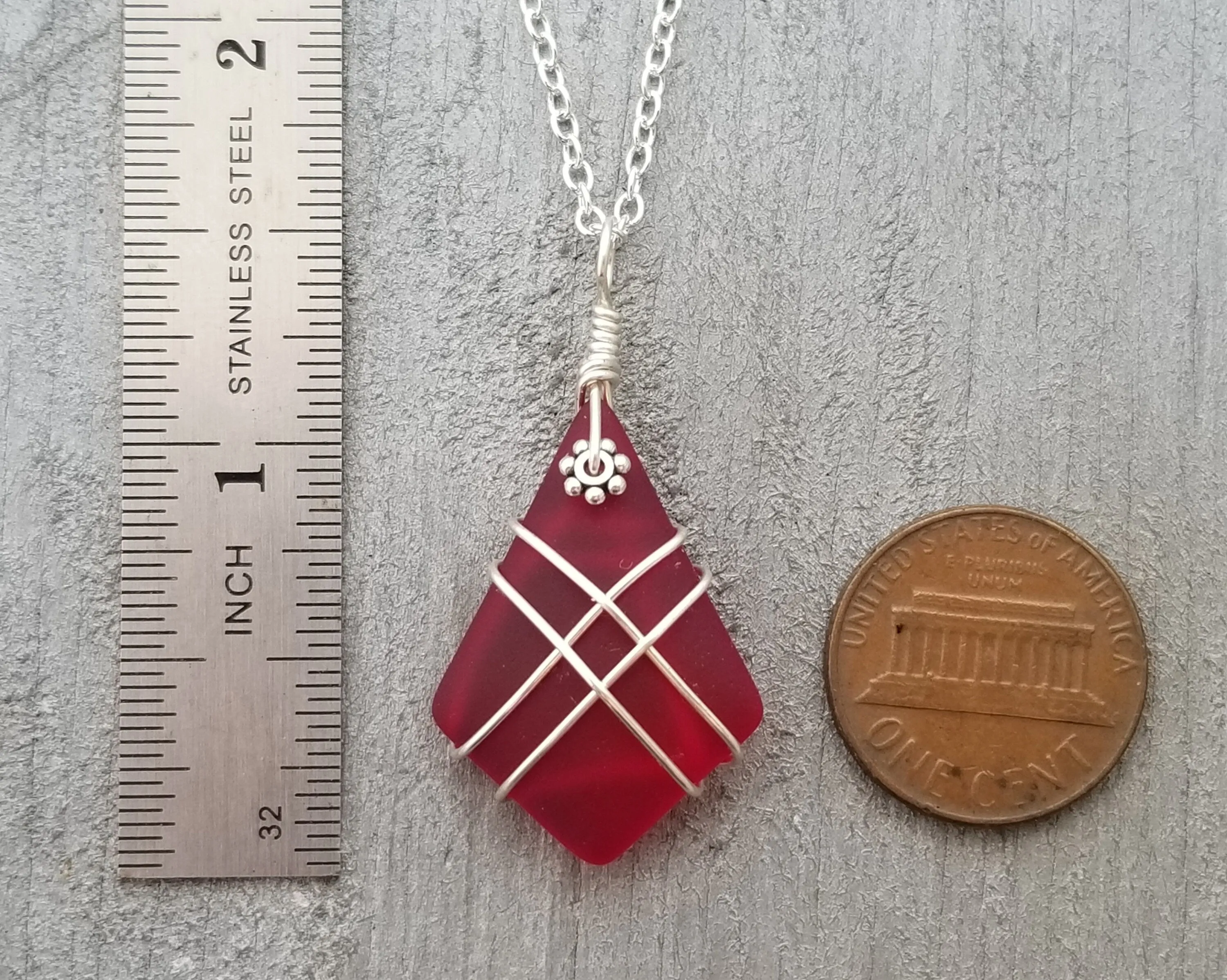 Hawaiian Jewelry Sea Glass Necklace, Wire Cross Necklace, Ruby Necklace Red Necklace, Beach Jewelry, Birthday Gift (July Birthstone Jewelry)