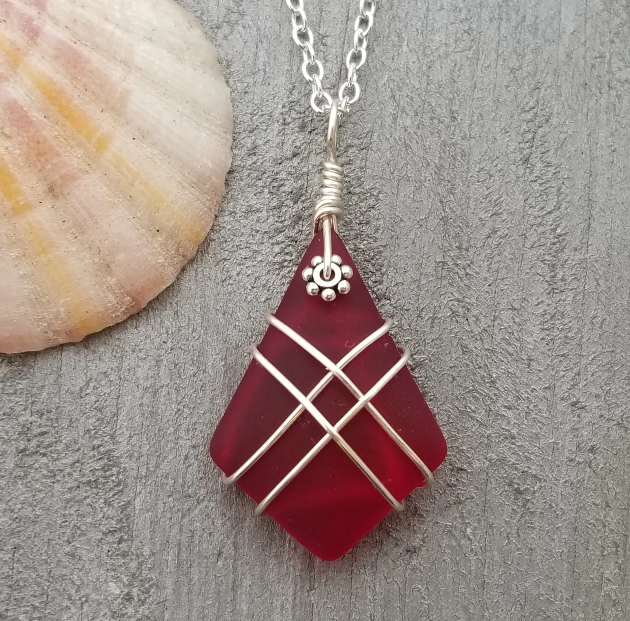 Hawaiian Jewelry Sea Glass Necklace, Wire Cross Necklace, Ruby Necklace Red Necklace, Beach Jewelry, Birthday Gift (July Birthstone Jewelry)