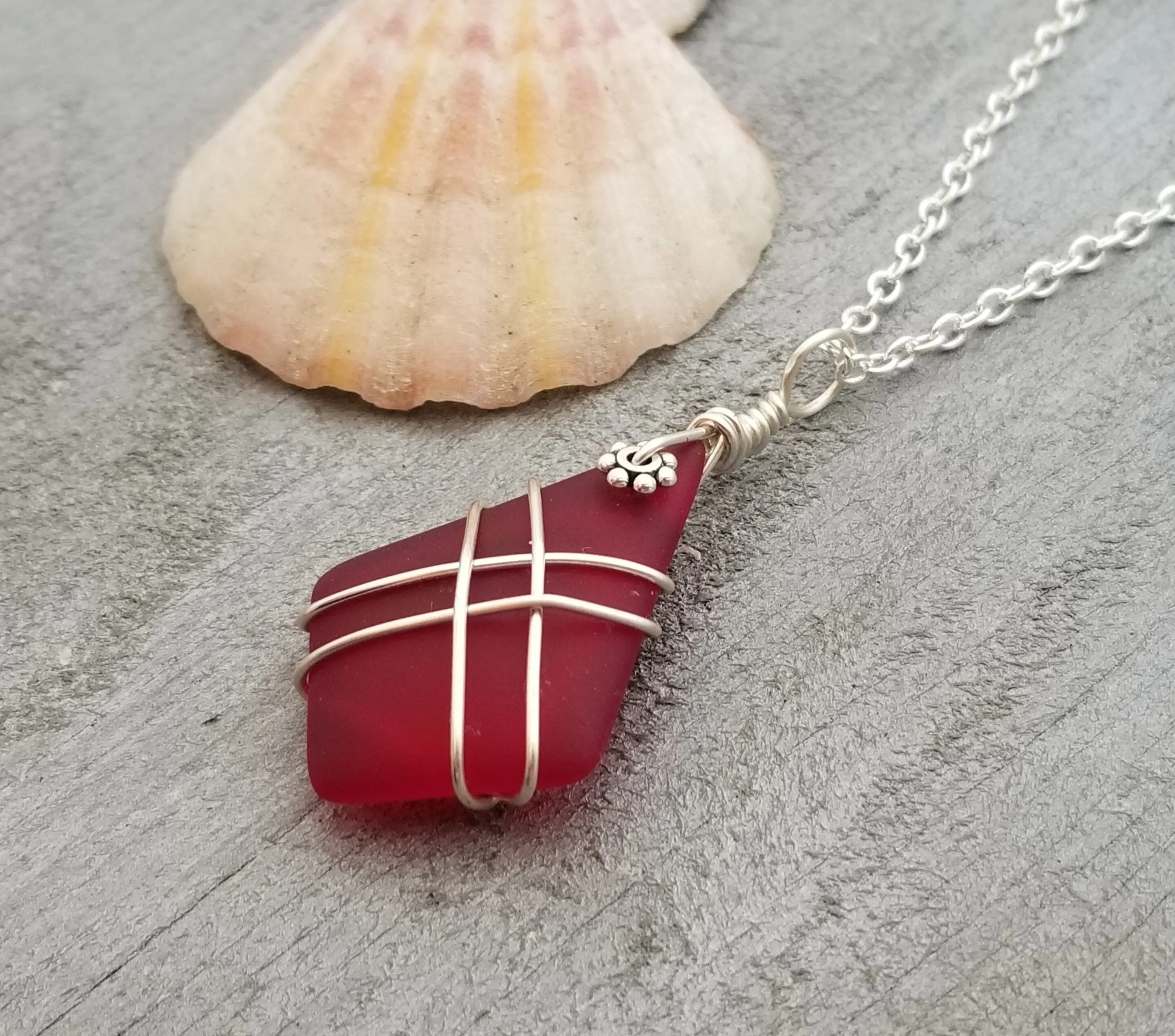 Hawaiian Jewelry Sea Glass Necklace, Wire Cross Necklace, Ruby Necklace Red Necklace, Beach Jewelry, Birthday Gift (July Birthstone Jewelry)