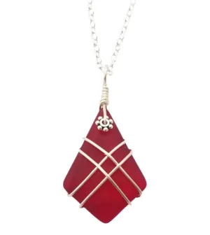 Hawaiian Jewelry Sea Glass Necklace, Wire Cross Necklace, Ruby Necklace Red Necklace, Beach Jewelry, Birthday Gift (July Birthstone Jewelry)