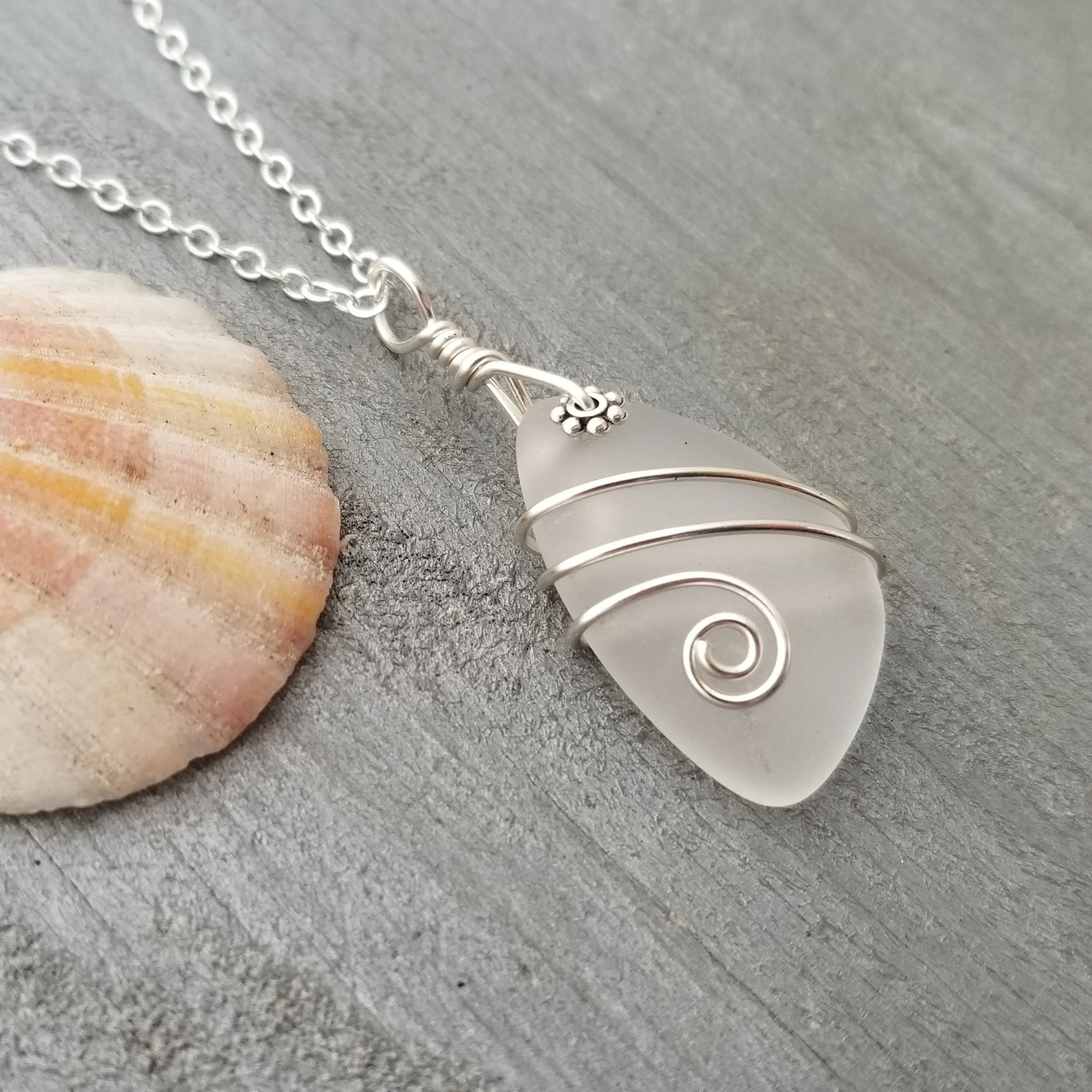 Hawaiian Jewelry Sea Glass Necklace, Wire Crystal Necklace, Sea Glass Jewelry Beach Jewelry Birthday Gift For Her (April Birthstone Jewelry)