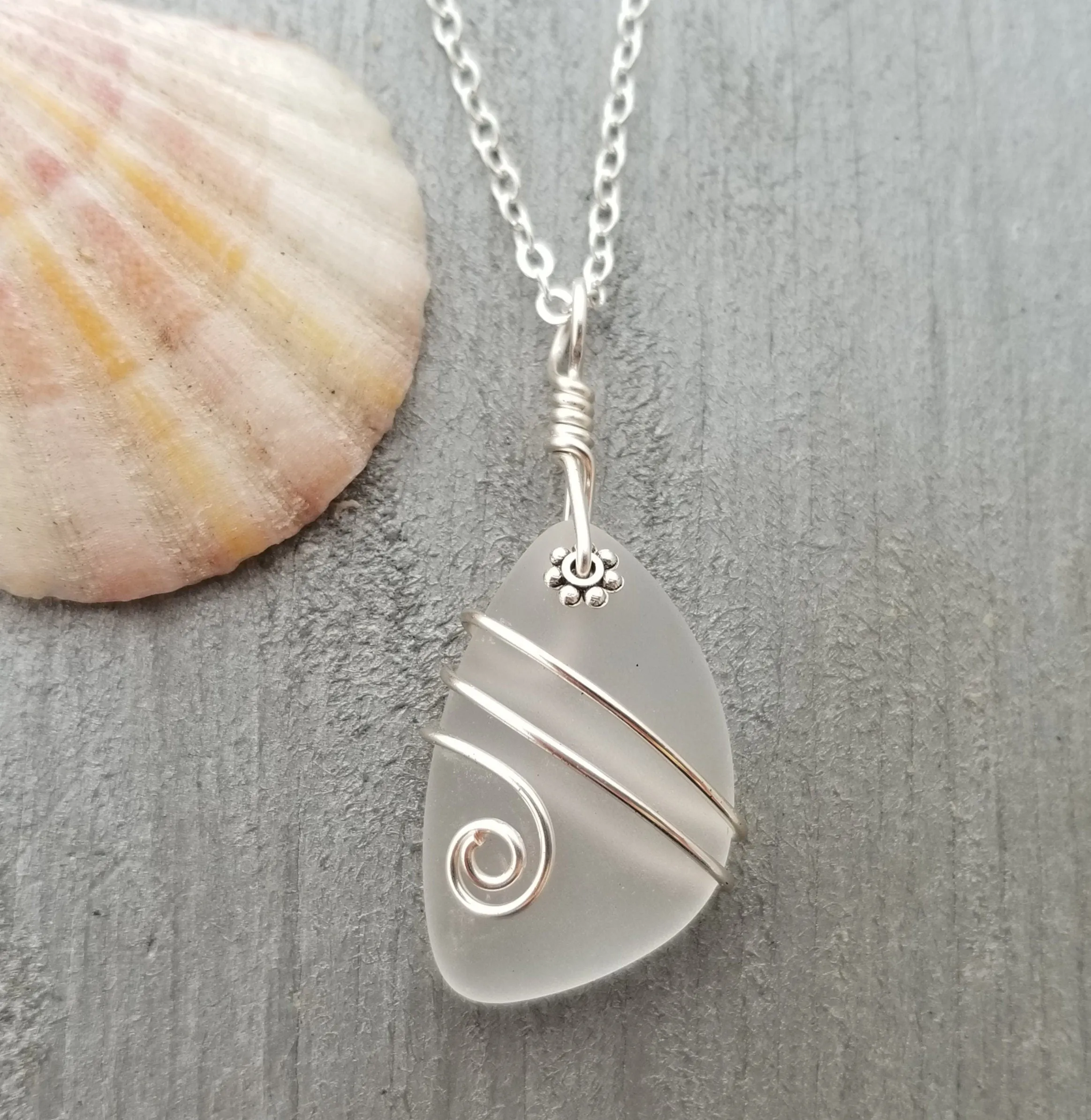 Hawaiian Jewelry Sea Glass Necklace, Wire Crystal Necklace, Sea Glass Jewelry Beach Jewelry Birthday Gift For Her (April Birthstone Jewelry)