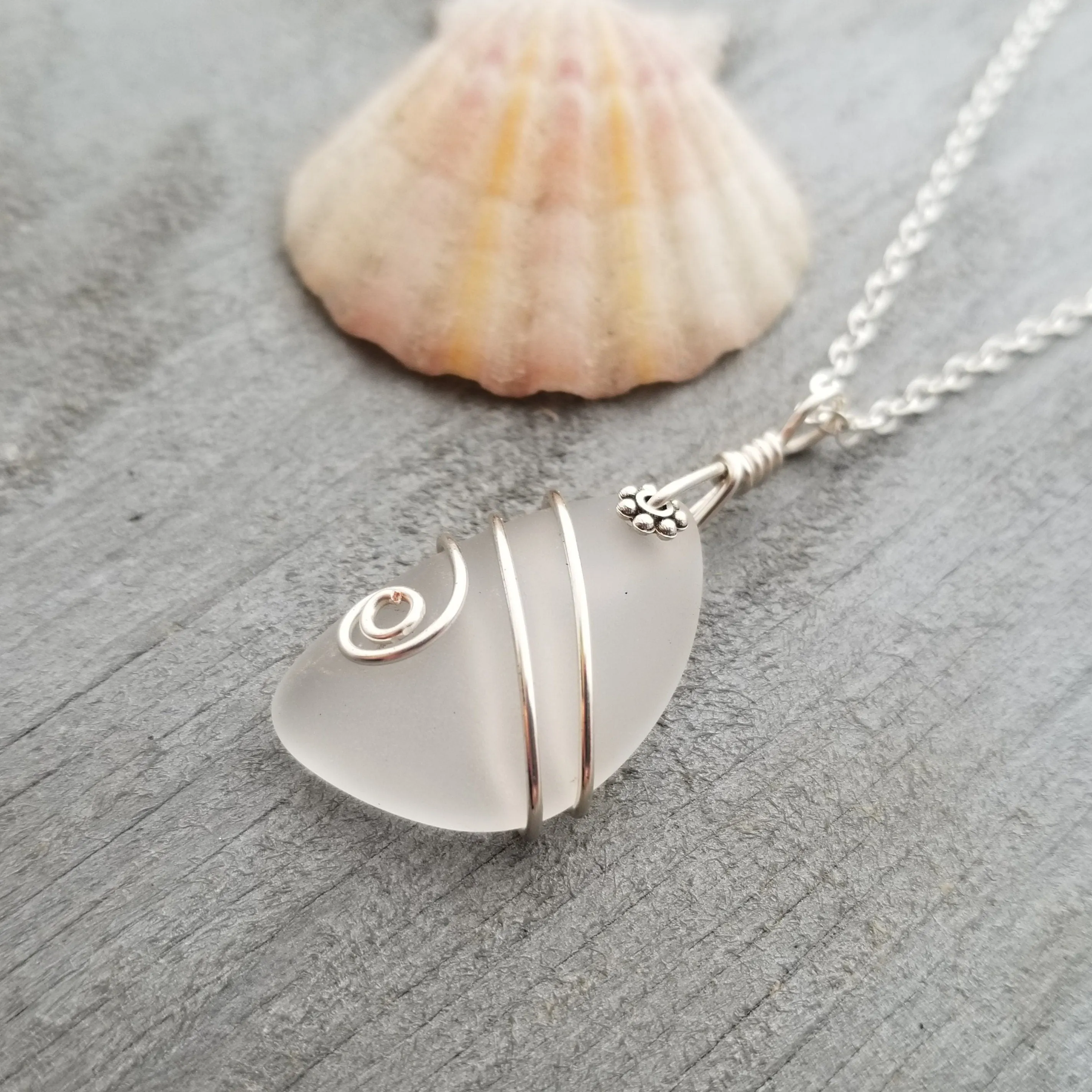 Hawaiian Jewelry Sea Glass Necklace, Wire Crystal Necklace, Sea Glass Jewelry Beach Jewelry Birthday Gift For Her (April Birthstone Jewelry)