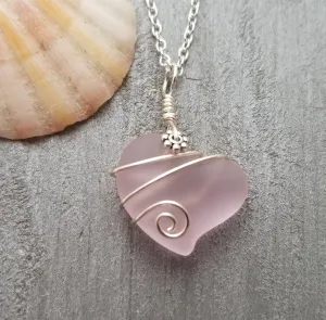 Hawaiian Jewelry Sea Glass Necklace, Wire Heart Necklace Pink Necklace, Sea Glass Jewelry Beach Jewelry Birthday Gift (October Birthstone)