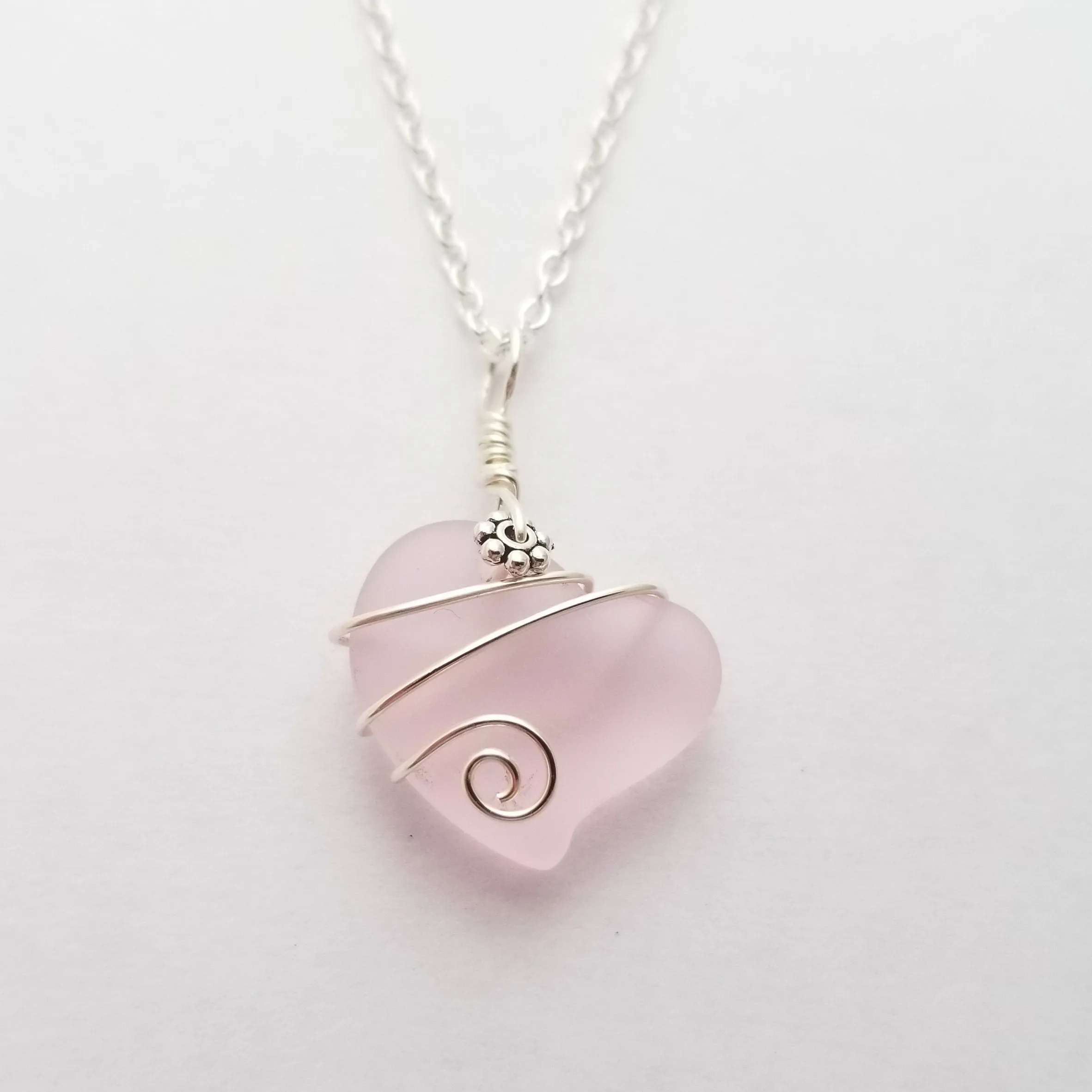 Hawaiian Jewelry Sea Glass Necklace, Wire Heart Necklace Pink Necklace, Sea Glass Jewelry Beach Jewelry Birthday Gift (October Birthstone)