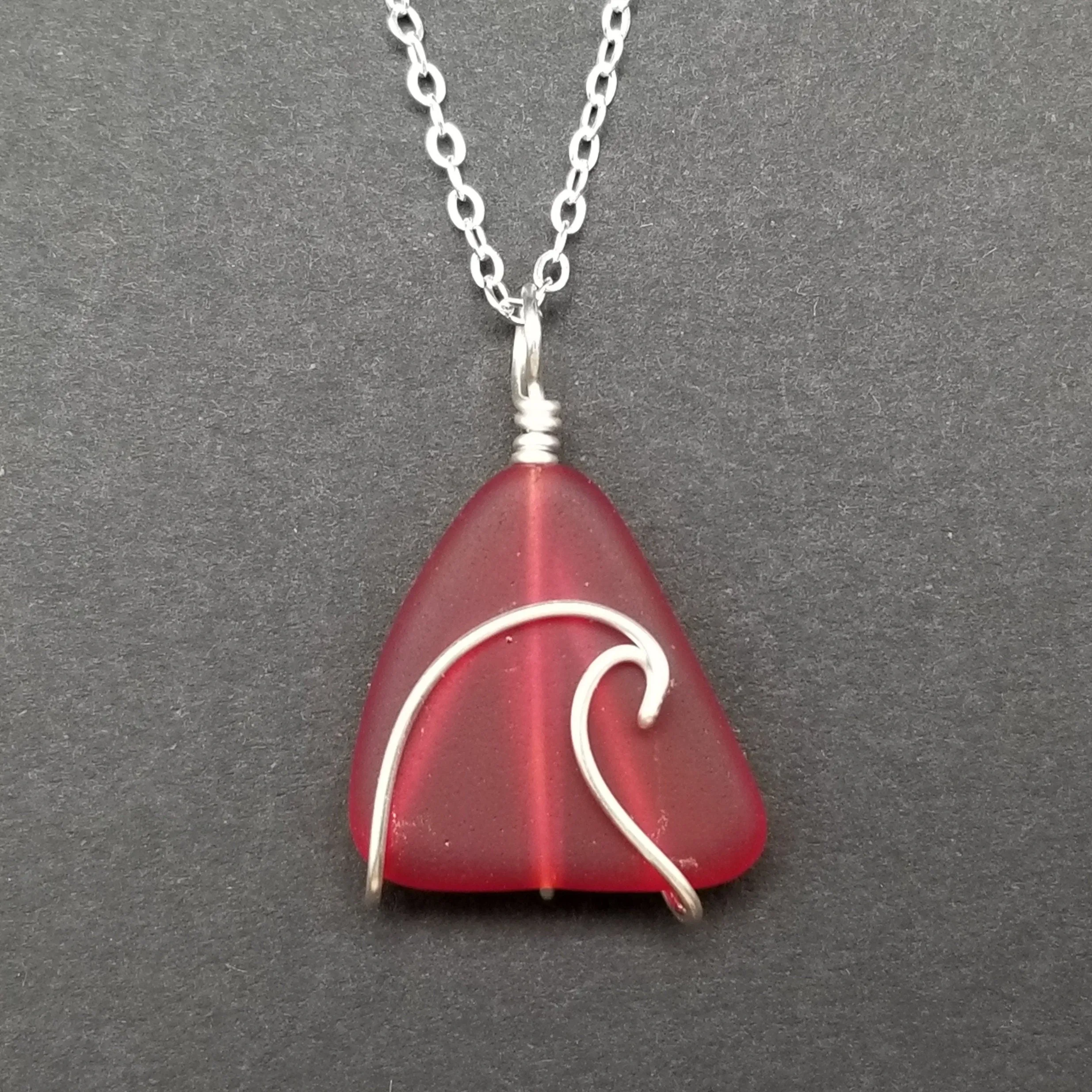 Hawaiian Jewelry Sea Glass Necklace, Wire Wave Ruby Red Necklace, Sea Glass Jewelry For Women, Beach Jewelry, (July Birthstone Jewelry)