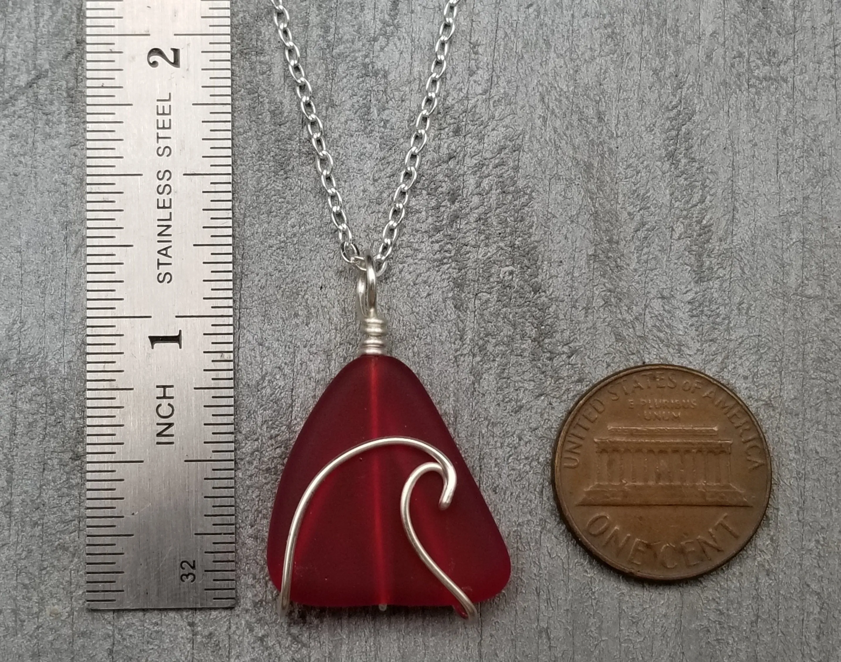 Hawaiian Jewelry Sea Glass Necklace, Wire Wave Ruby Red Necklace, Sea Glass Jewelry For Women, Beach Jewelry, (July Birthstone Jewelry)