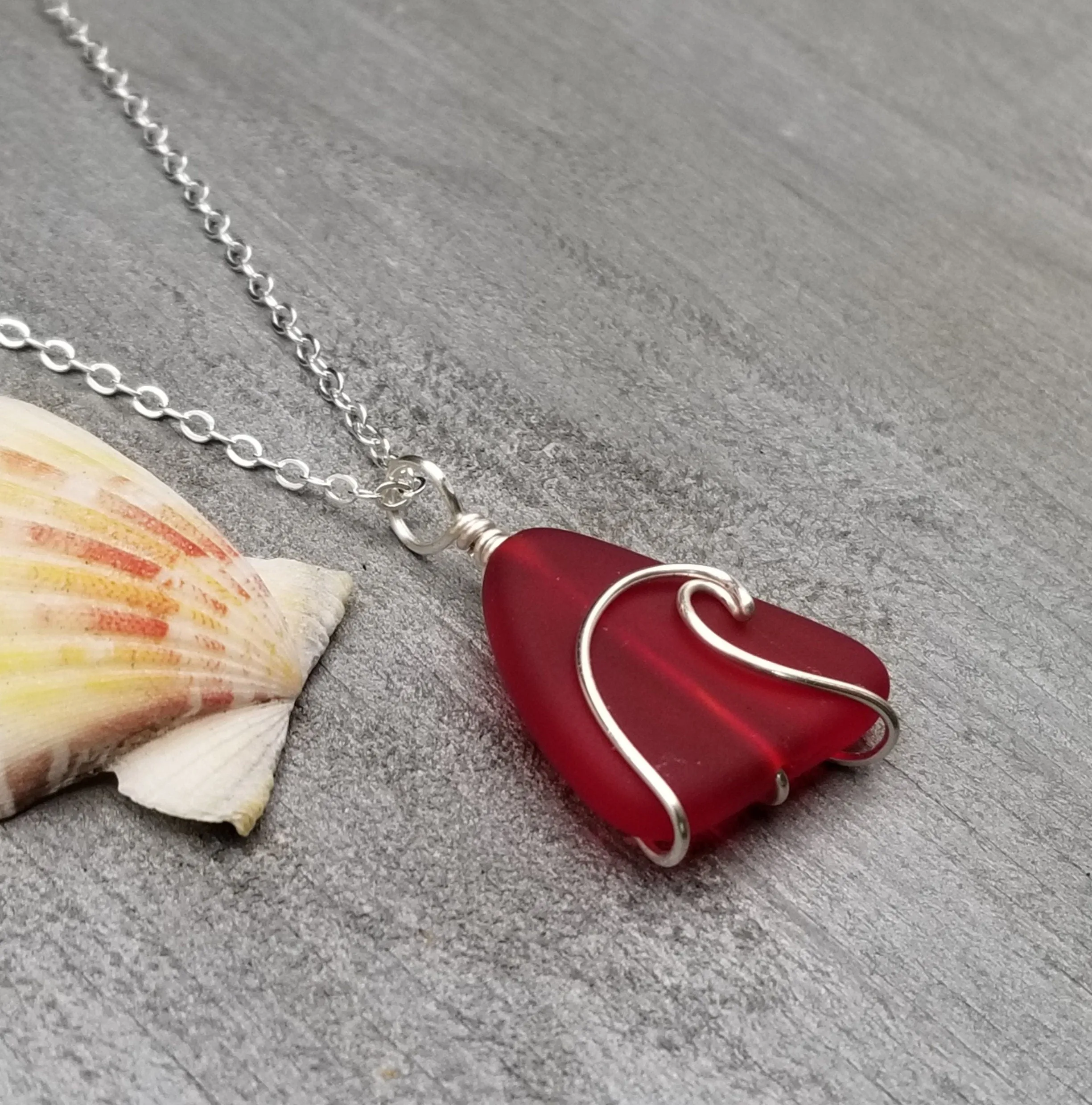 Hawaiian Jewelry Sea Glass Necklace, Wire Wave Ruby Red Necklace, Sea Glass Jewelry For Women, Beach Jewelry, (July Birthstone Jewelry)