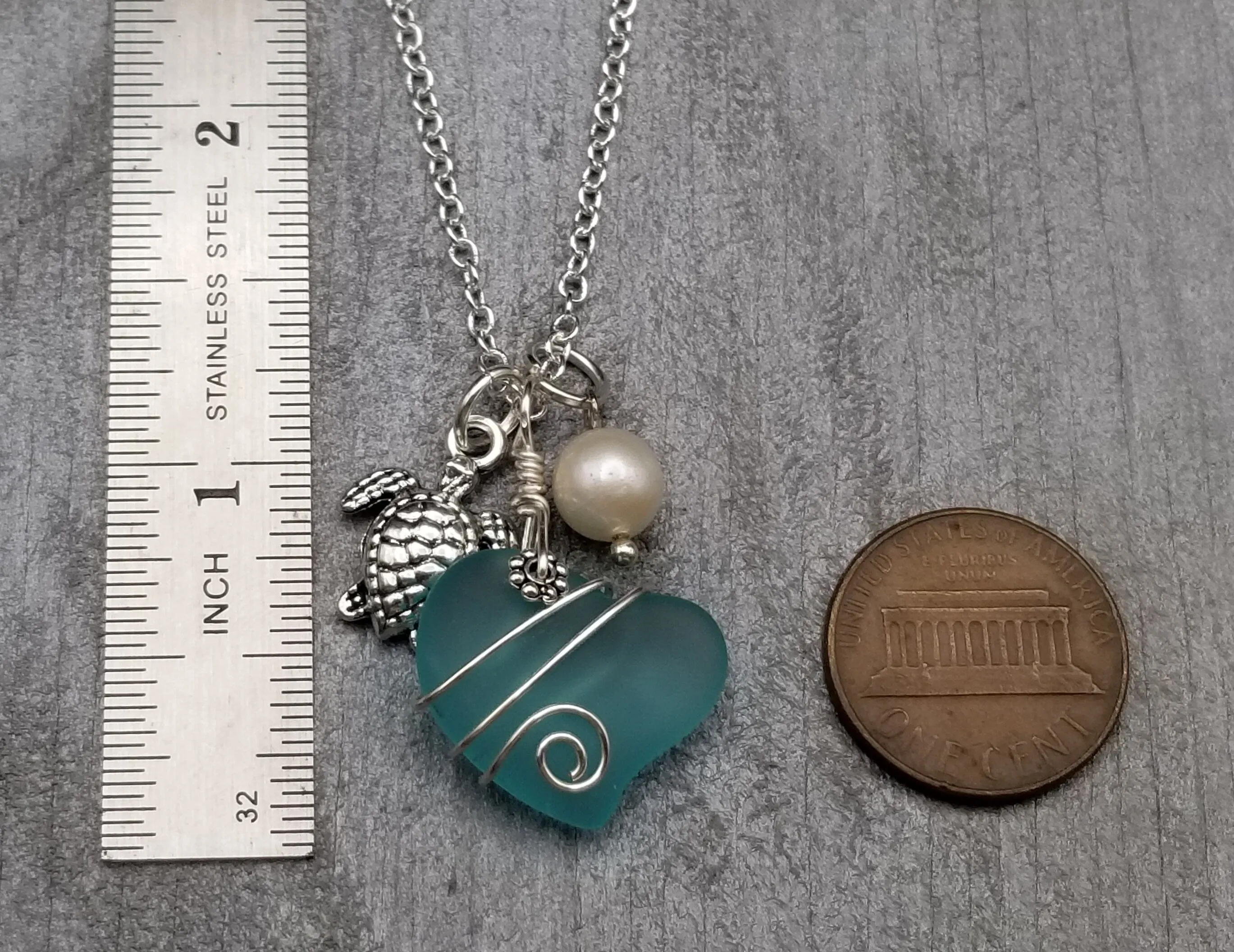 Hawaiian Sea Glass Necklace, Wire Heart Necklace Aquamarine Necklace, Turtle Necklace Pearl Necklace, Unique Beach Jewelry(March Birthstone)